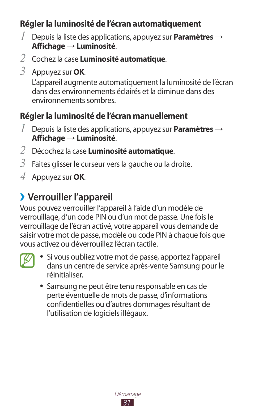 Samsung GT-P7510FKDSFR manual ››Verrouiller l’appareil, Affichage → Luminosité Cochez la case Luminosité automatique 