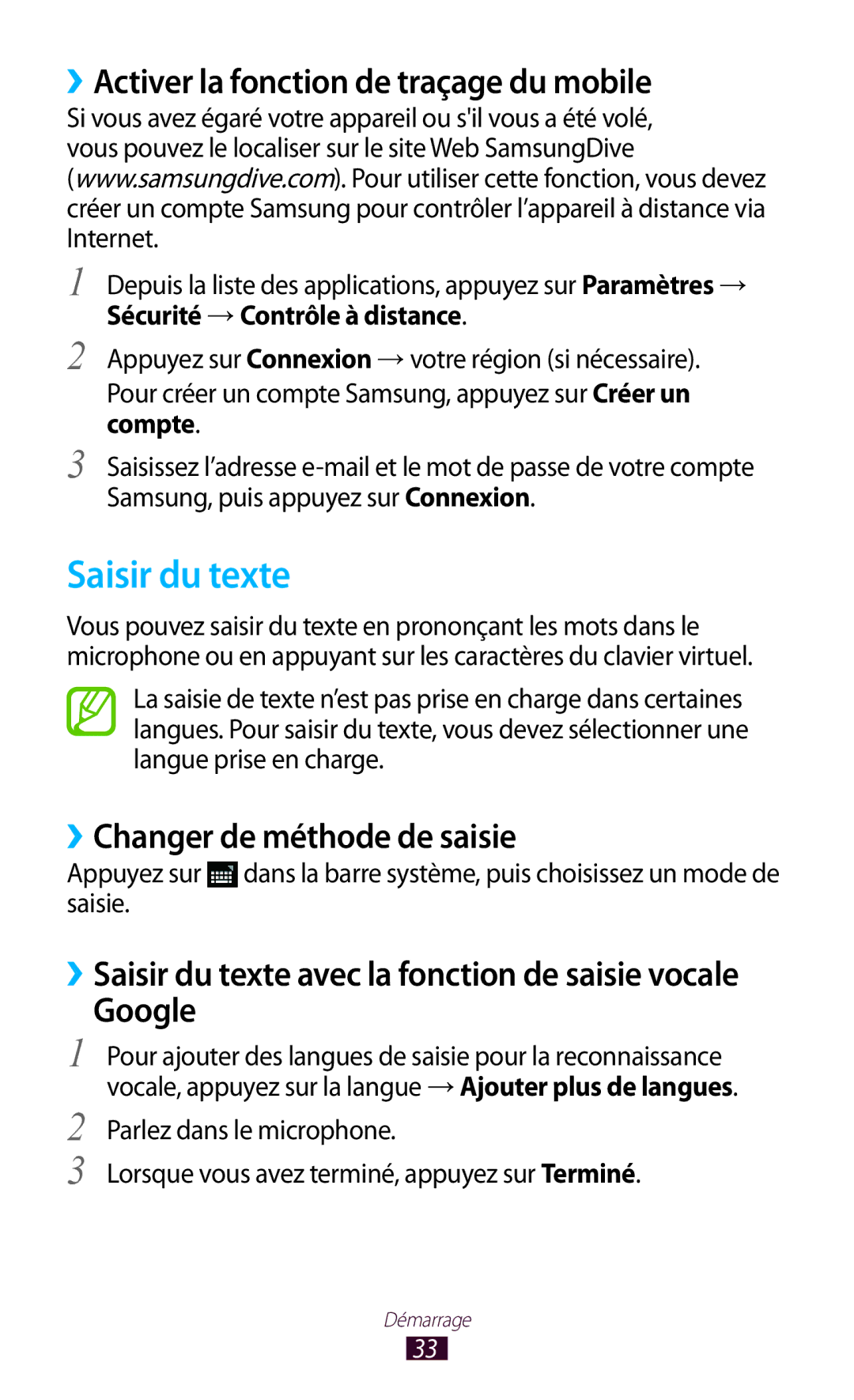 Samsung GT-P7510UWDFTM Saisir du texte, ››Activer la fonction de traçage du mobile, ››Changer de méthode de saisie, Google 