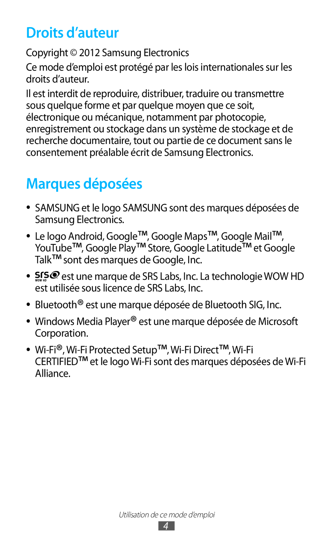 Samsung GT-P7510FKDFTM, GT-P7510UWDXEF, GT-P7510UWDFTM, GT-P7510UWAXEF, GT-P7510FKDXEF manual Droits d’auteur, Marques déposées 