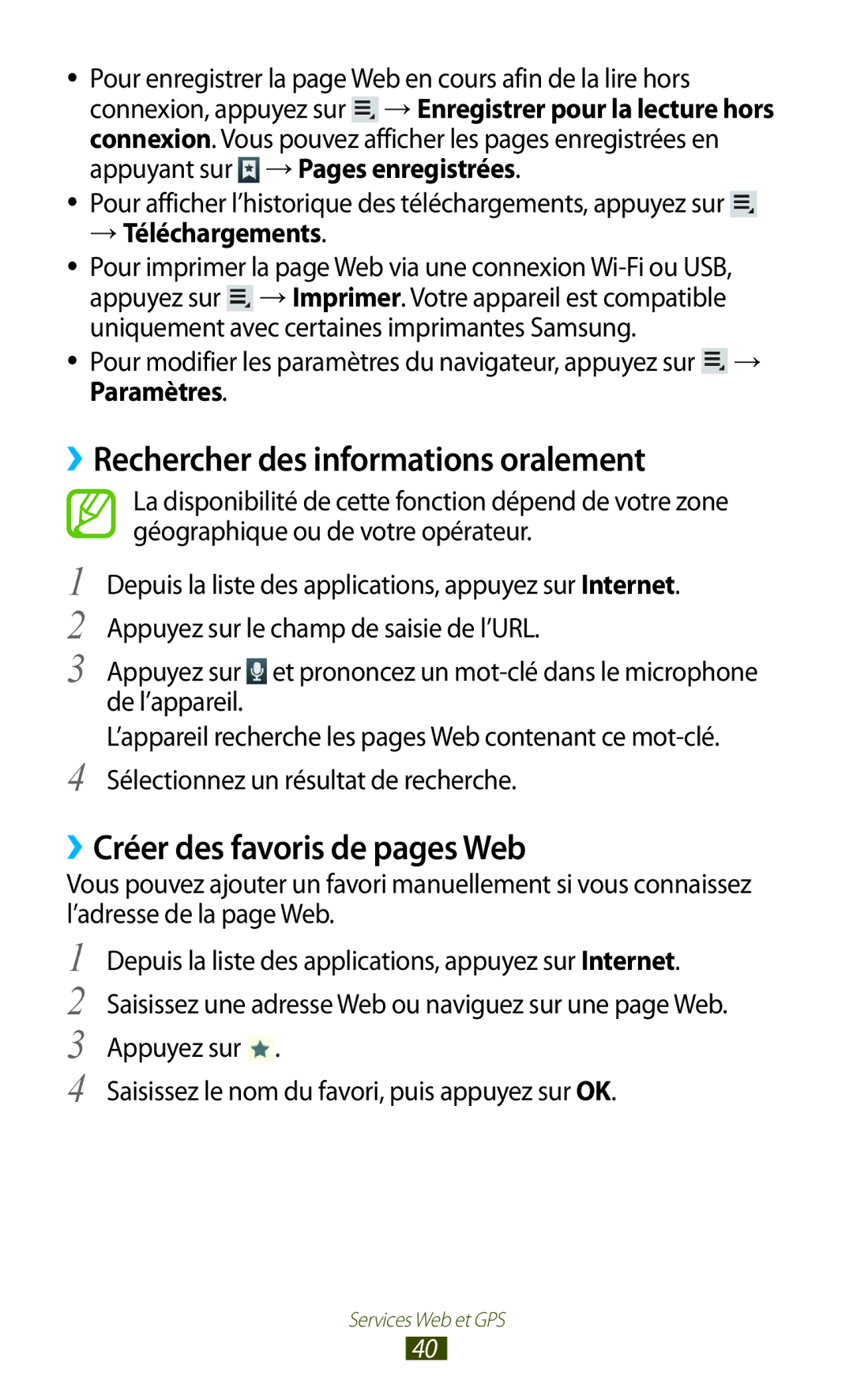 Samsung GT-P7510UWDXEF manual ››Rechercher des informations oralement, ››Créer des favoris de pages Web, → Téléchargements 