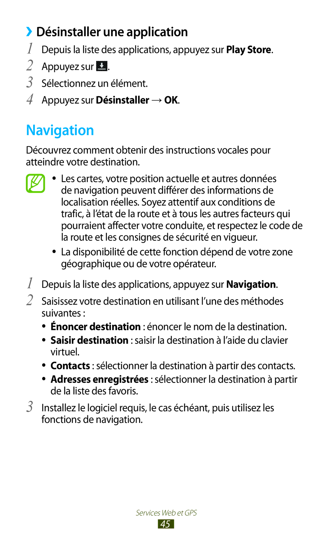 Samsung GT-P7510UWDSFR, GT-P7510UWDXEF manual Navigation, Sélectionnez un élément, Appuyez sur Désinstaller → OK 