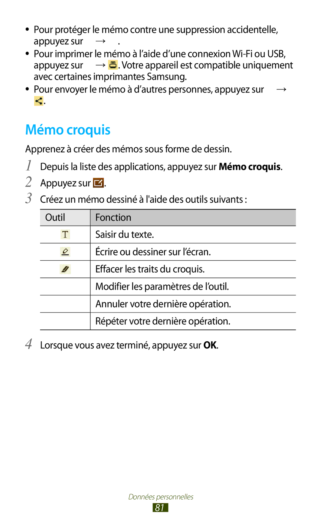 Samsung GT-P7510UWDFTM, GT-P7510UWDXEF manual Mémo croquis, Pour envoyer le mémo à d’autres personnes, appuyez sur → 