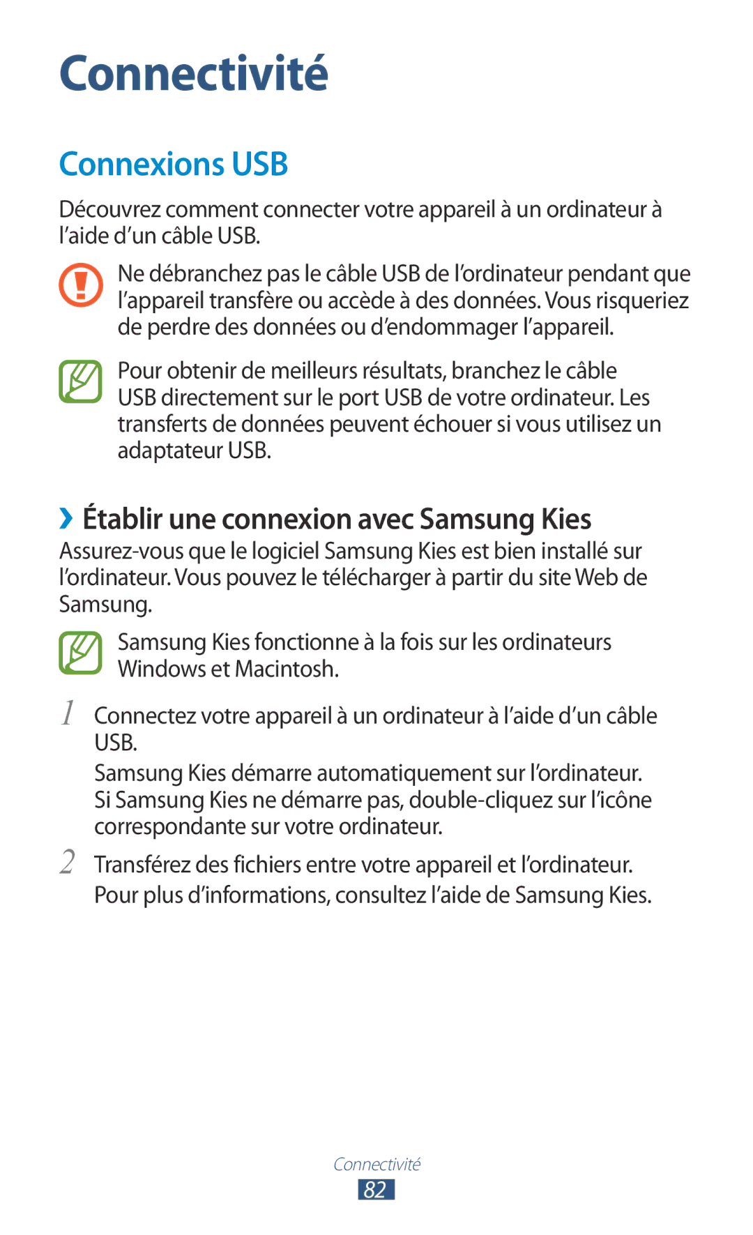 Samsung GT-P7510UWAXEF, GT-P7510UWDXEF, GT-P7510UWDFTM manual Connexions USB, ››Établir une connexion avec Samsung Kies 