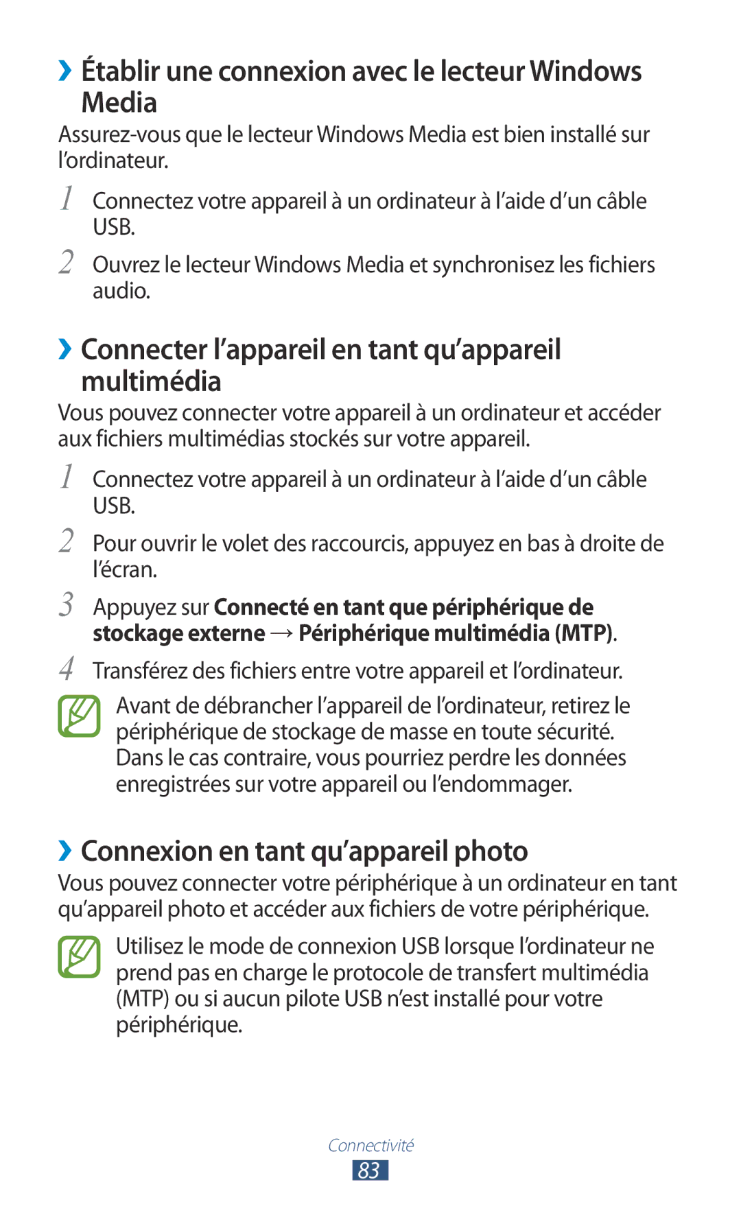 Samsung GT-P7510FKDXEF Media, ››Connecter l’appareil en tant qu’appareil multimédia, ››Connexion en tant qu’appareil photo 