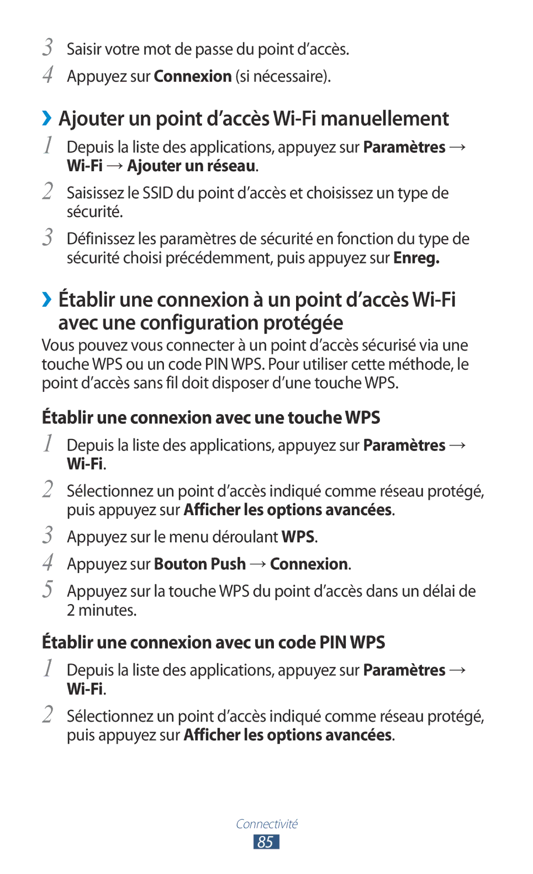 Samsung GT-P7510UWDSFR, GT-P7510UWDXEF manual Appuyez sur le menu déroulant WPS, Appuyez sur Bouton Push → Connexion 