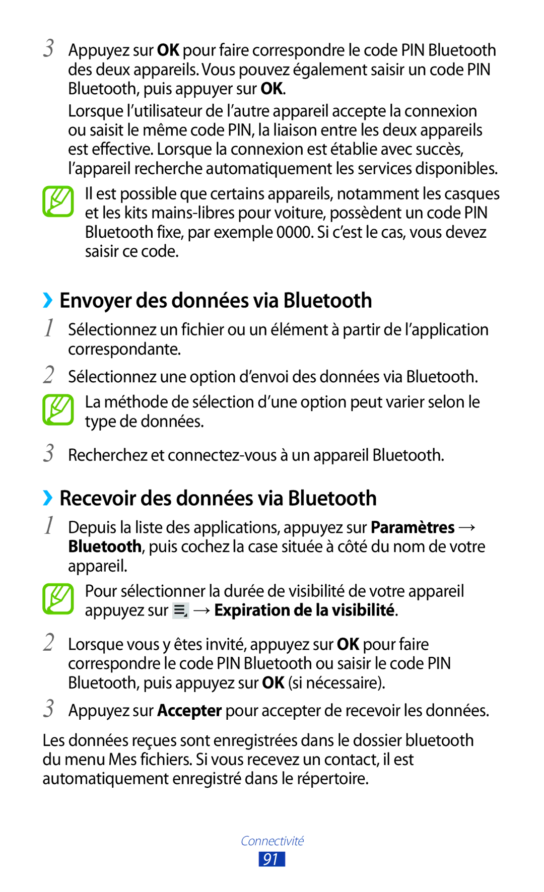 Samsung GT-P7510FKDXEF, GT-P7510UWDXEF manual ››Envoyer des données via Bluetooth, ››Recevoir des données via Bluetooth 