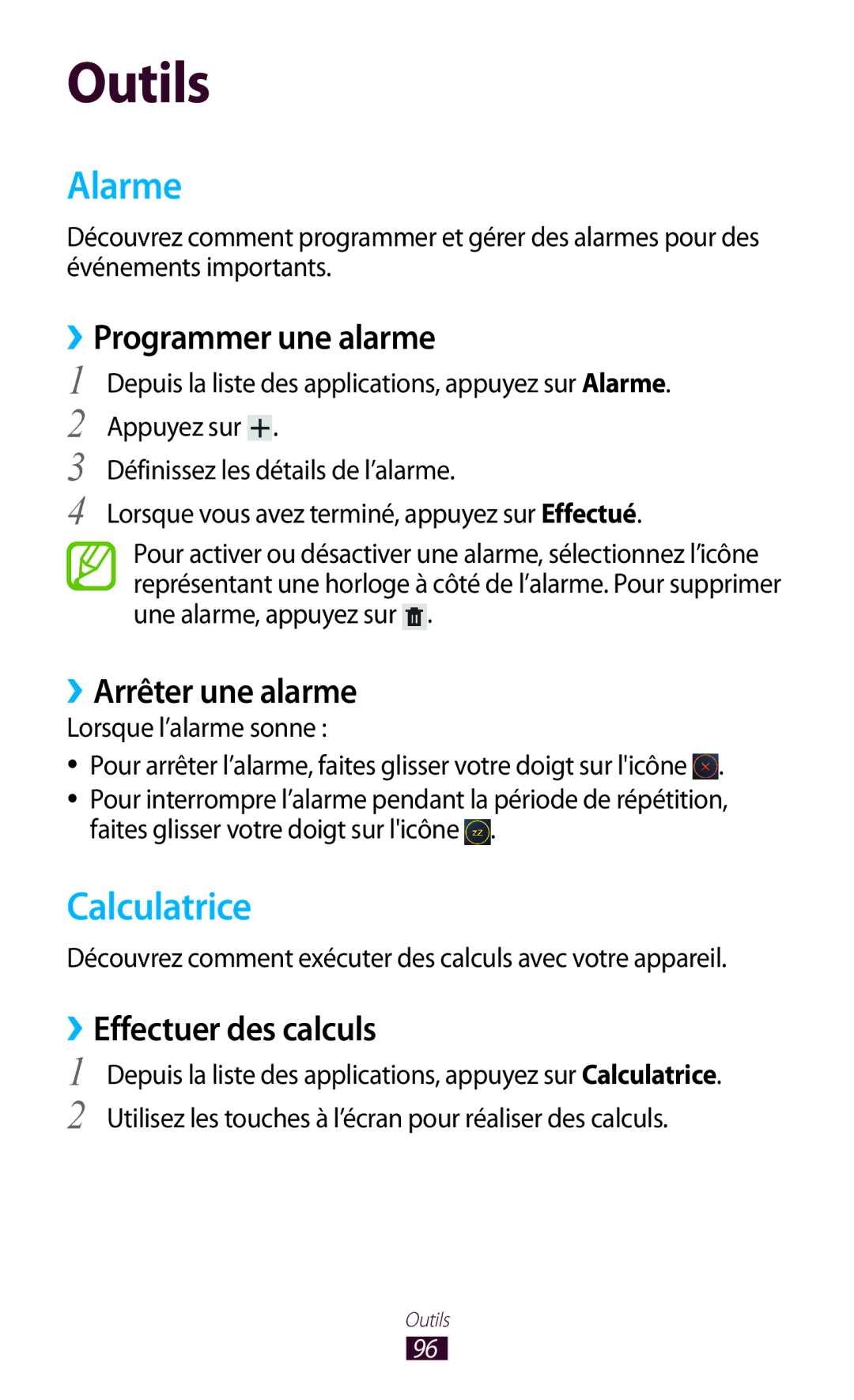 Samsung GT-P7510UWDXEF manual Alarme, Calculatrice, ››Programmer une alarme, ››Arrêter une alarme, ››Effectuer des calculs 