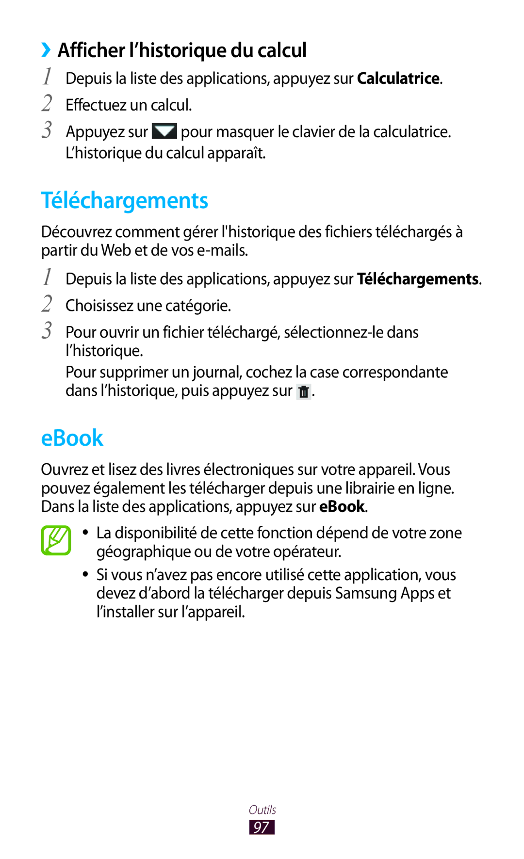 Samsung GT-P7510UWDFTM, GT-P7510UWDXEF, GT-P7510UWAXEF manual Téléchargements, EBook, ››Afficher l’historique du calcul 