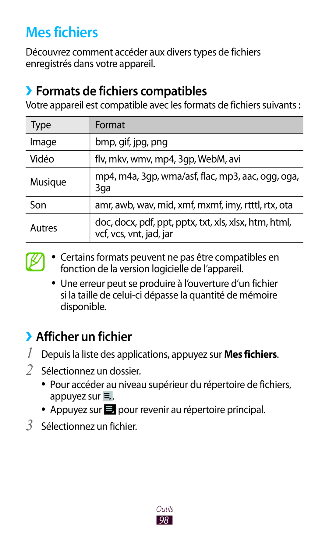 Samsung GT-P7510UWAXEF, GT-P7510UWDXEF manual Mes fichiers, ››Formats de fichiers compatibles, ››Afficher un fichier 