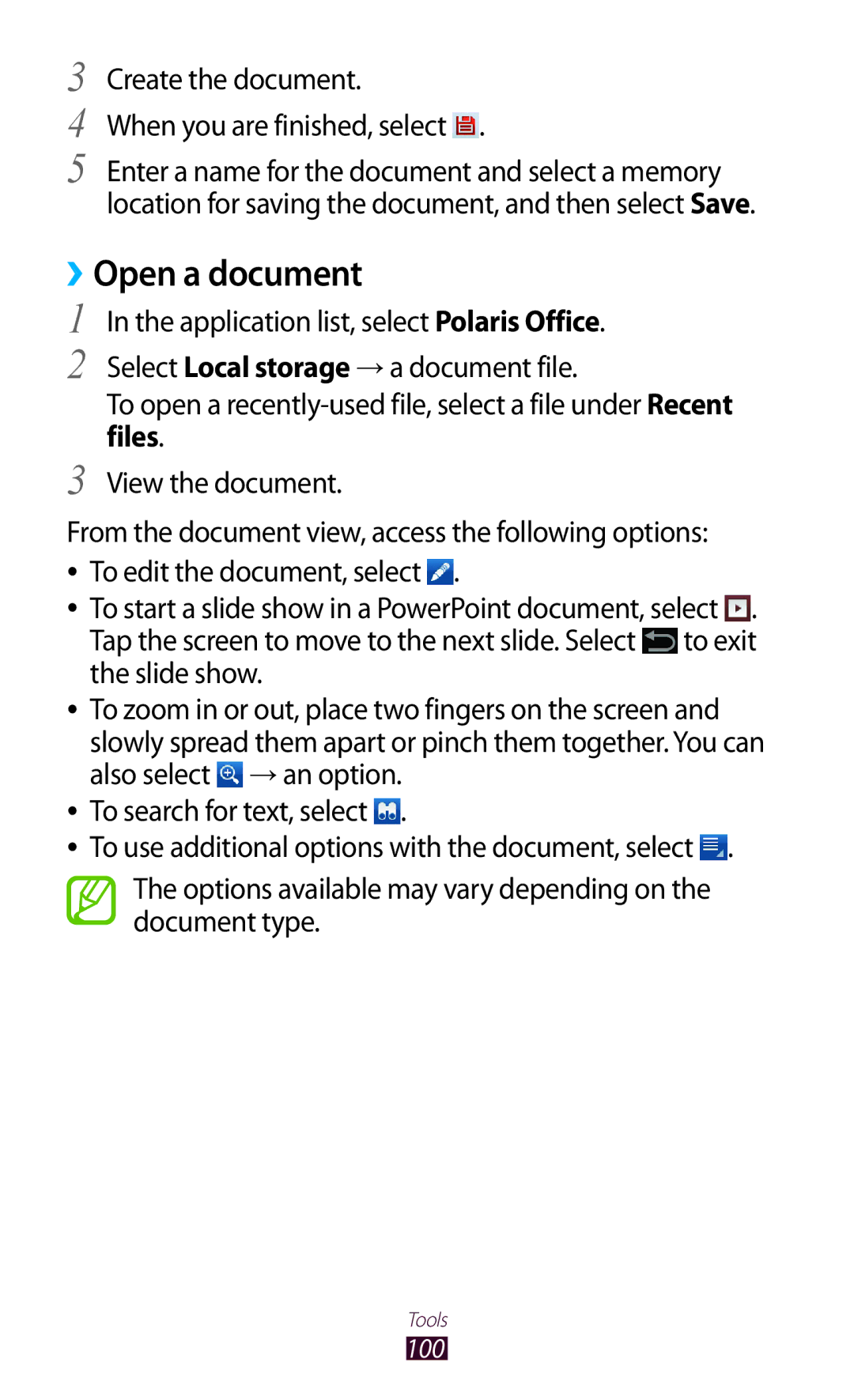 Samsung GT-P7510FKDKSA, GT-P7510UWEDBT, GT-P7510FKDDBT ››Open a document, Create the document When you are finished, select 