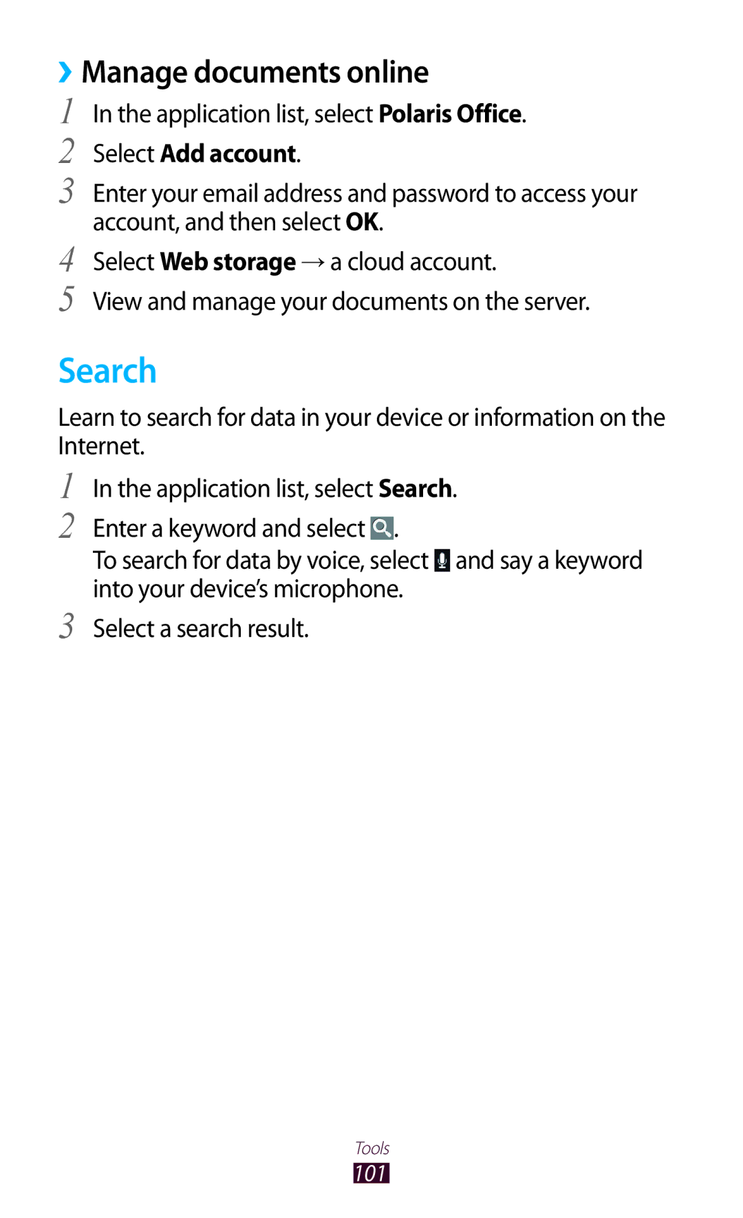 Samsung GT-P7510FKAJED, GT-P7510UWEDBT, GT-P7510FKDDBT, GT-P7510FKEDBT Search, ››Manage documents online, Select Add account 