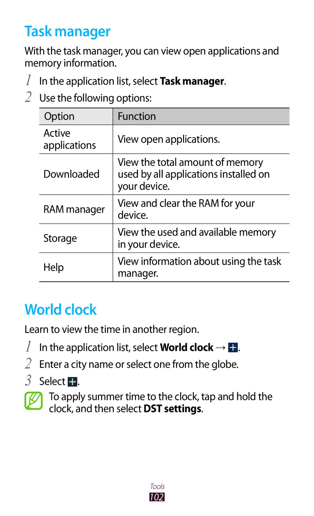 Samsung GT-P7510UWDKSA, GT-P7510UWEDBT, GT-P7510FKDDBT, GT-P7510FKEDBT, GT-P7510FKDATO Task manager, World clock, Manager 