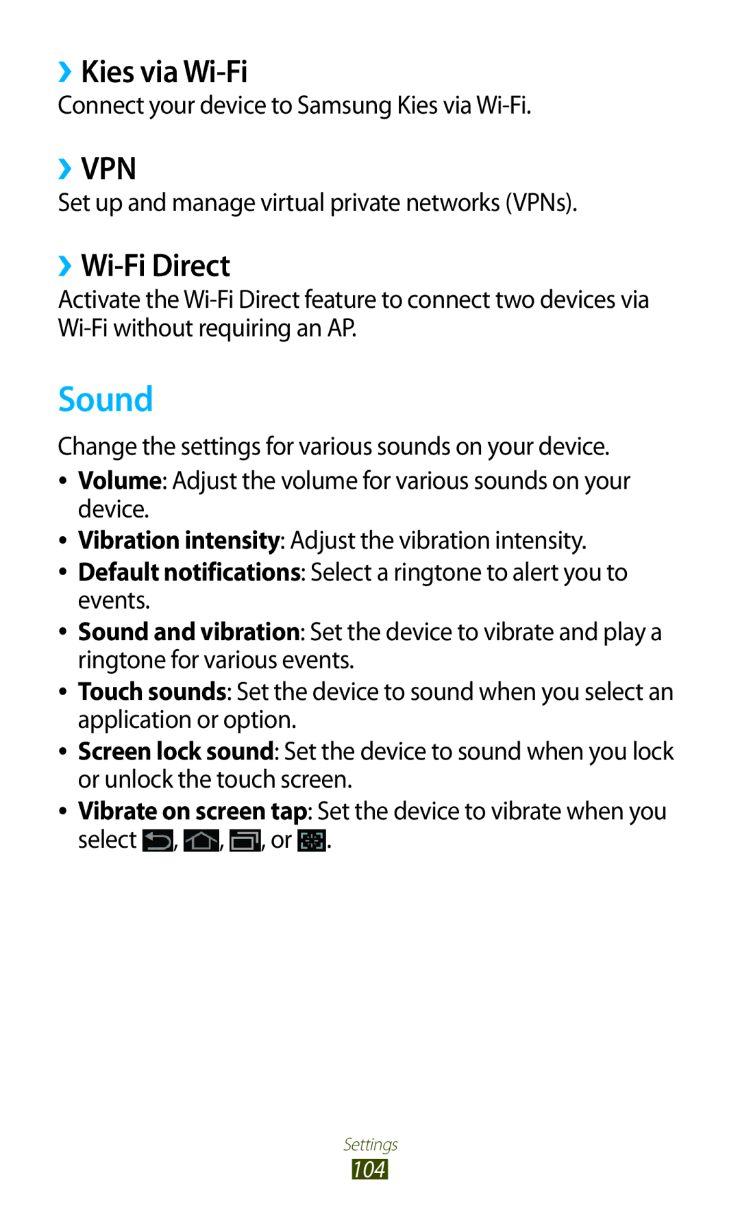 Samsung GT-P7510FKDBGL manual Sound, ››Kies via Wi-Fi, ››Wi-Fi Direct, Connect your device to Samsung Kies via Wi-Fi 