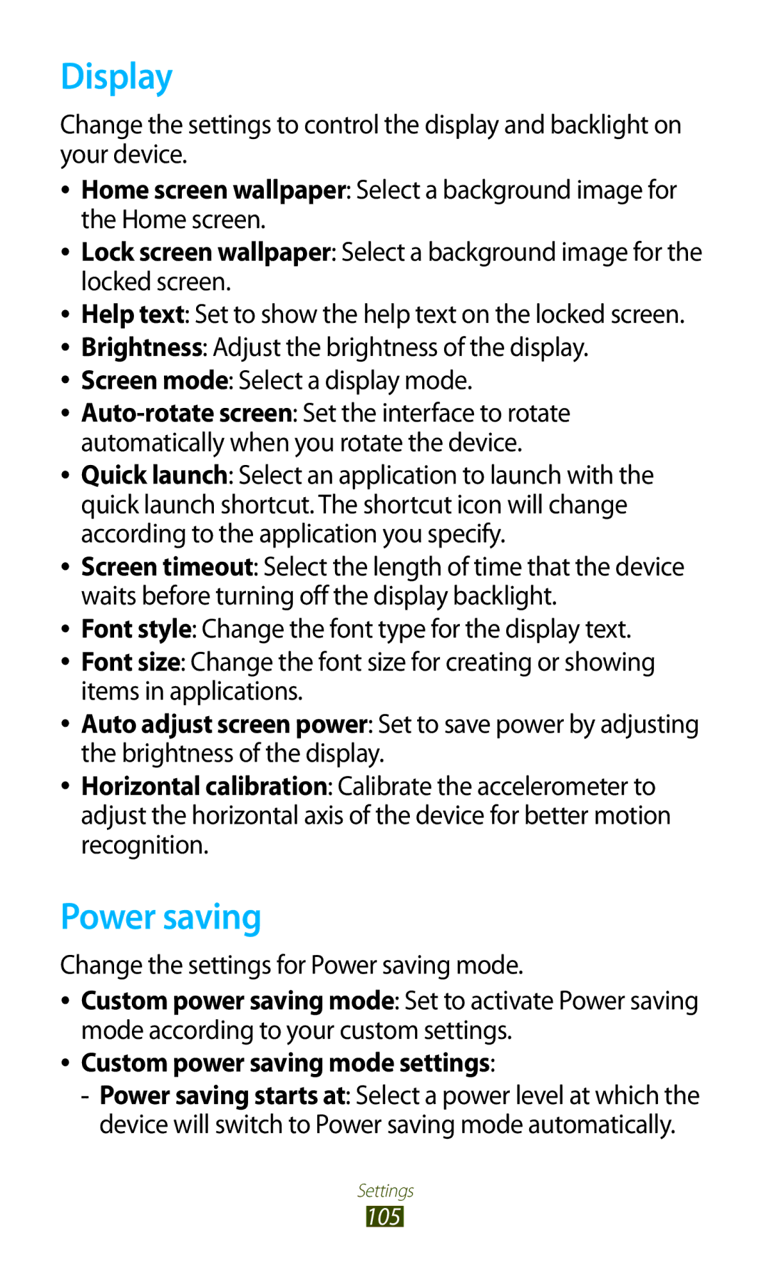 Samsung GT-P7510UWDBGL, GT-P7510UWEDBT, GT-P7510FKDDBT manual Display, Change the settings for Power saving mode 