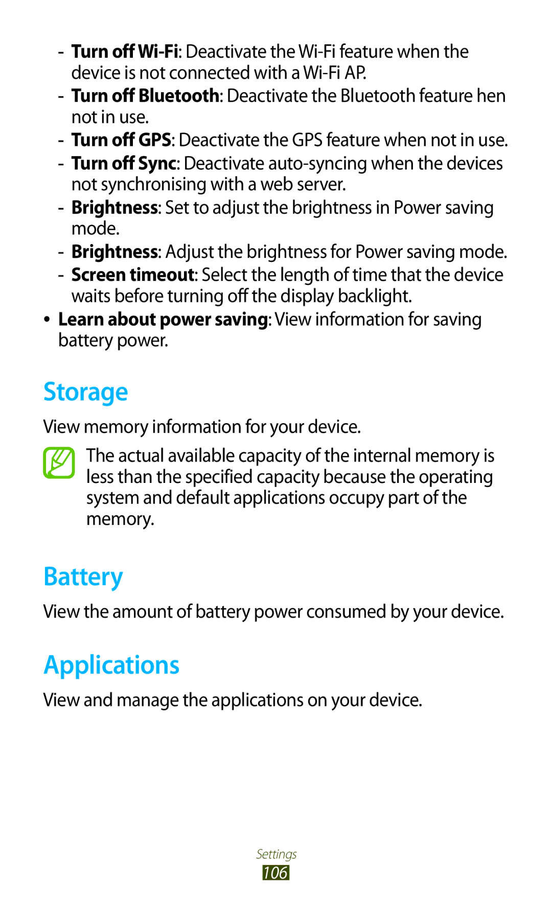 Samsung GT-P7510UWDROM manual Storage, Battery, Applications, View the amount of battery power consumed by your device 