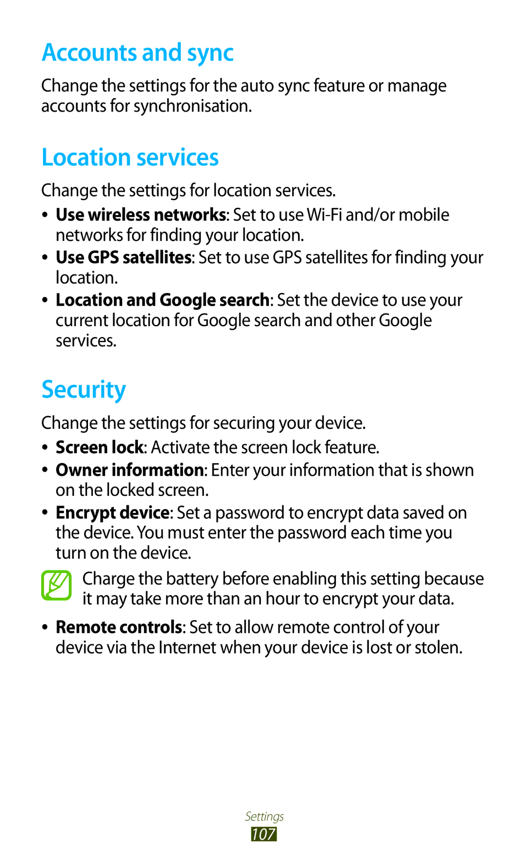 Samsung GT-P7510UWDXSK manual Accounts and sync, Location services, Security, Change the settings for location services 