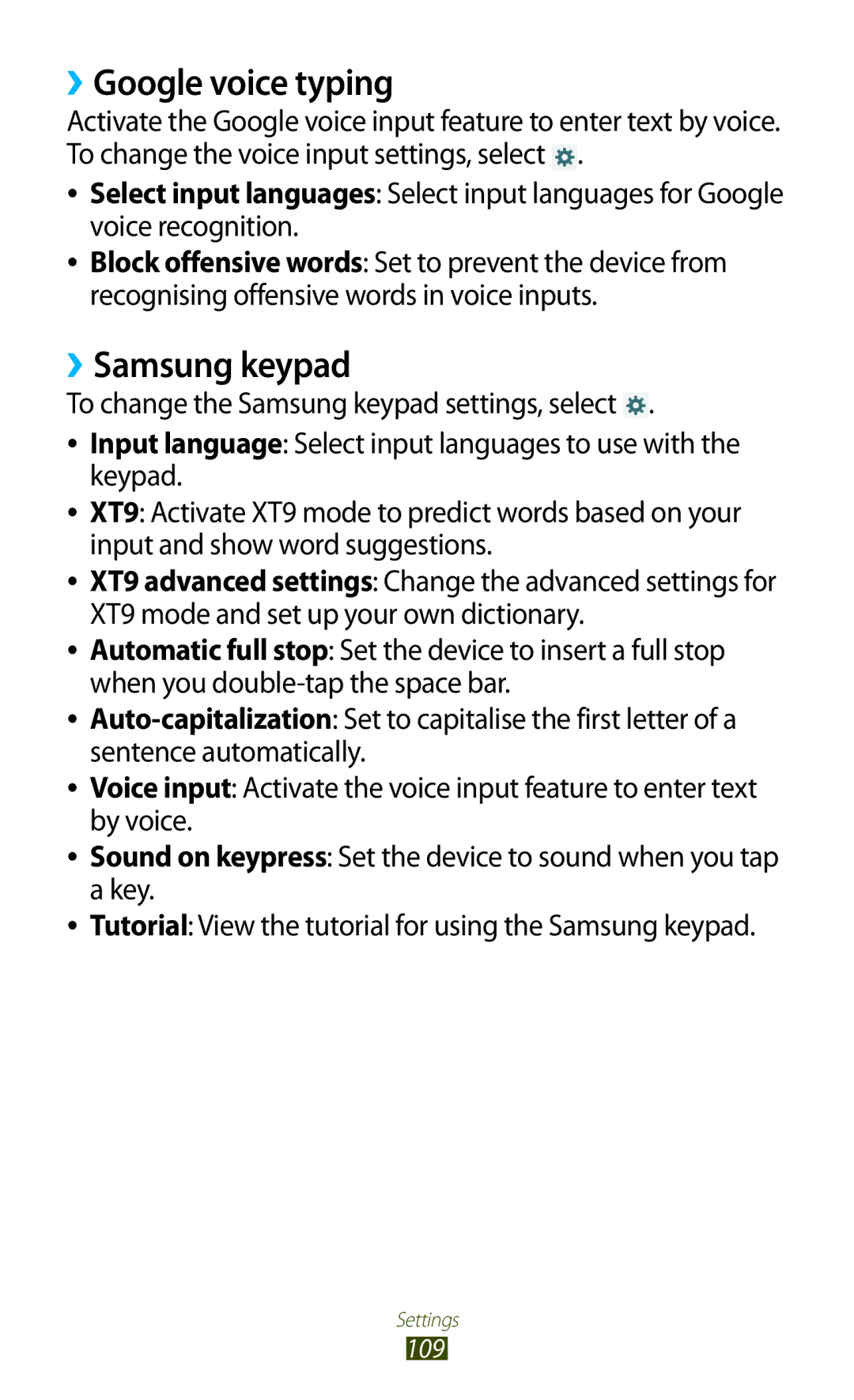 Samsung GT-P7510UWDEUR, GT-P7510UWEDBT, GT-P7510FKDDBT, GT-P7510FKEDBT manual ››Google voice typing, ››Samsung keypad 