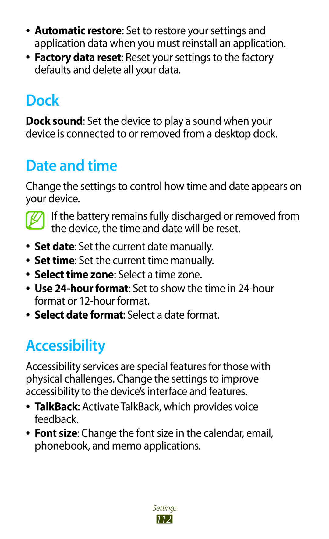 Samsung GT-P7510UWASER, GT-P7510UWEDBT, GT-P7510FKDDBT, GT-P7510FKEDBT, GT-P7510FKDATO Dock, Date and time, Accessibility 