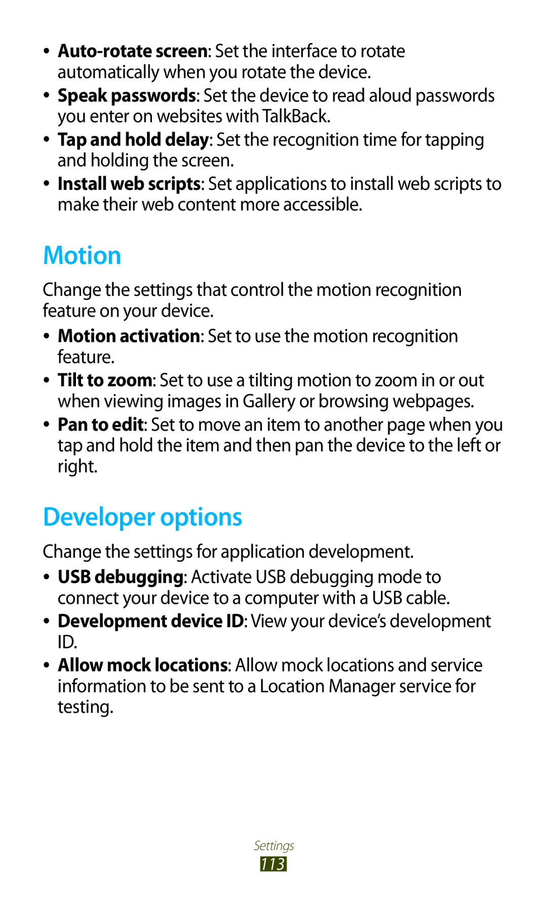 Samsung GT-P7510FKDSER, GT-P7510UWEDBT manual Motion, Developer options, Change the settings for application development 