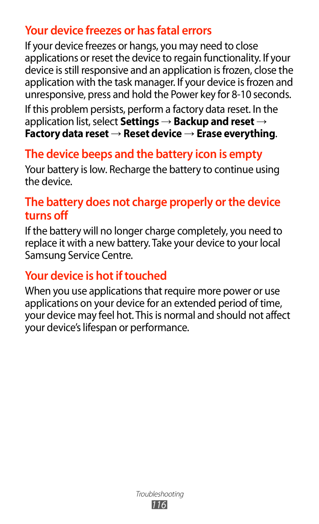 Samsung GT-P7510ZWASER, GT-P7510UWEDBT, GT-P7510FKDDBT, GT-P7510FKEDBT manual Device beeps and the battery icon is empty 