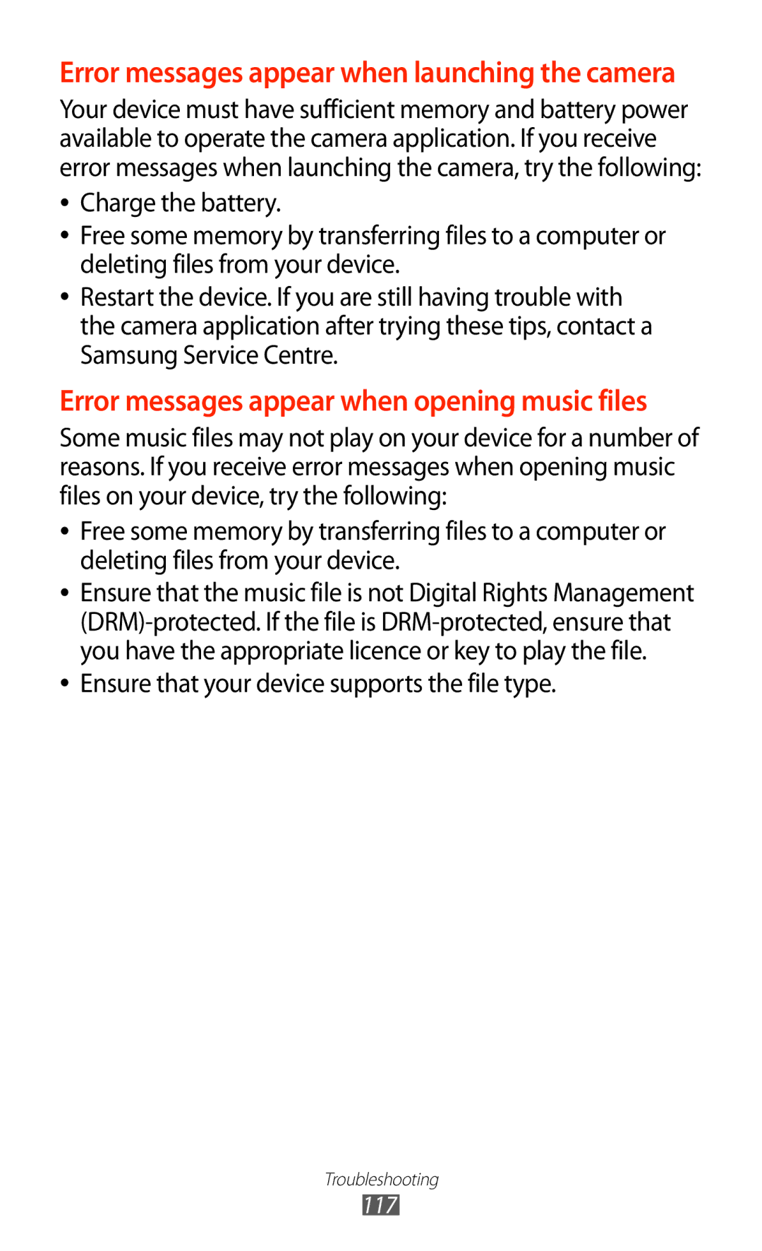 Samsung GT-P7510UWDSER, GT-P7510UWEDBT, GT-P7510FKDDBT, GT-P7510FKEDBT manual Error messages appear when opening music files 