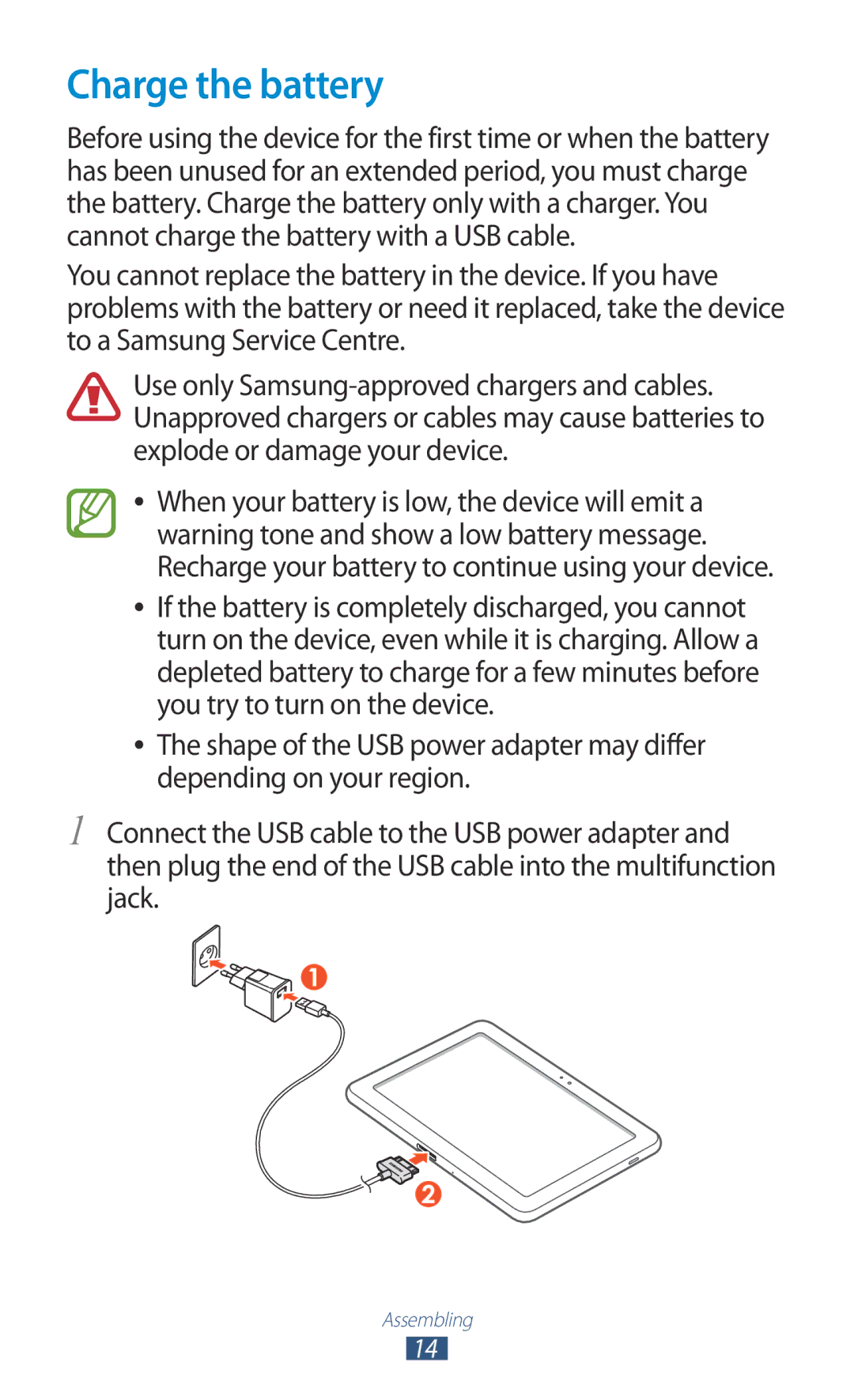 Samsung GT-P7510FKAXEF, GT-P7510UWEDBT, GT-P7510FKDDBT, GT-P7510FKEDBT, GT-P7510FKDATO, GT-P7510FKADBT manual Charge the battery 