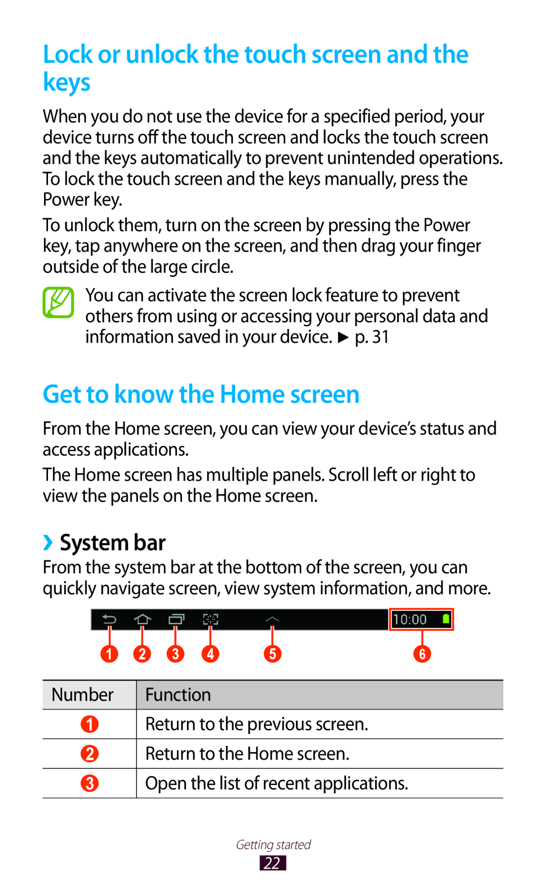 Samsung GT-P7510FKDTMC manual Lock or unlock the touch screen and the keys, Get to know the Home screen, ››System bar 