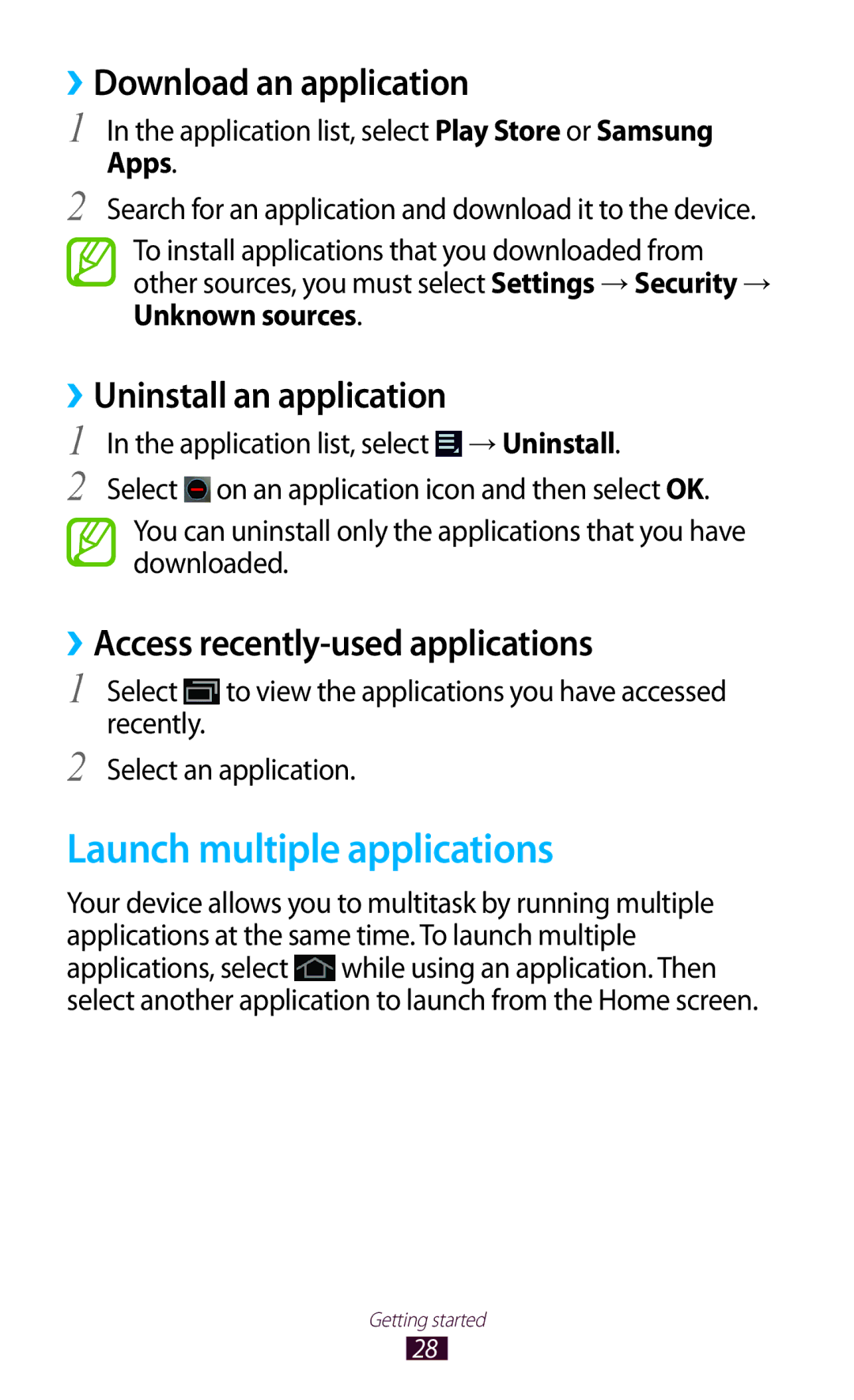 Samsung GT-P7510FKDXSG manual Launch multiple applications, ››Download an application, ››Uninstall an application, Apps 