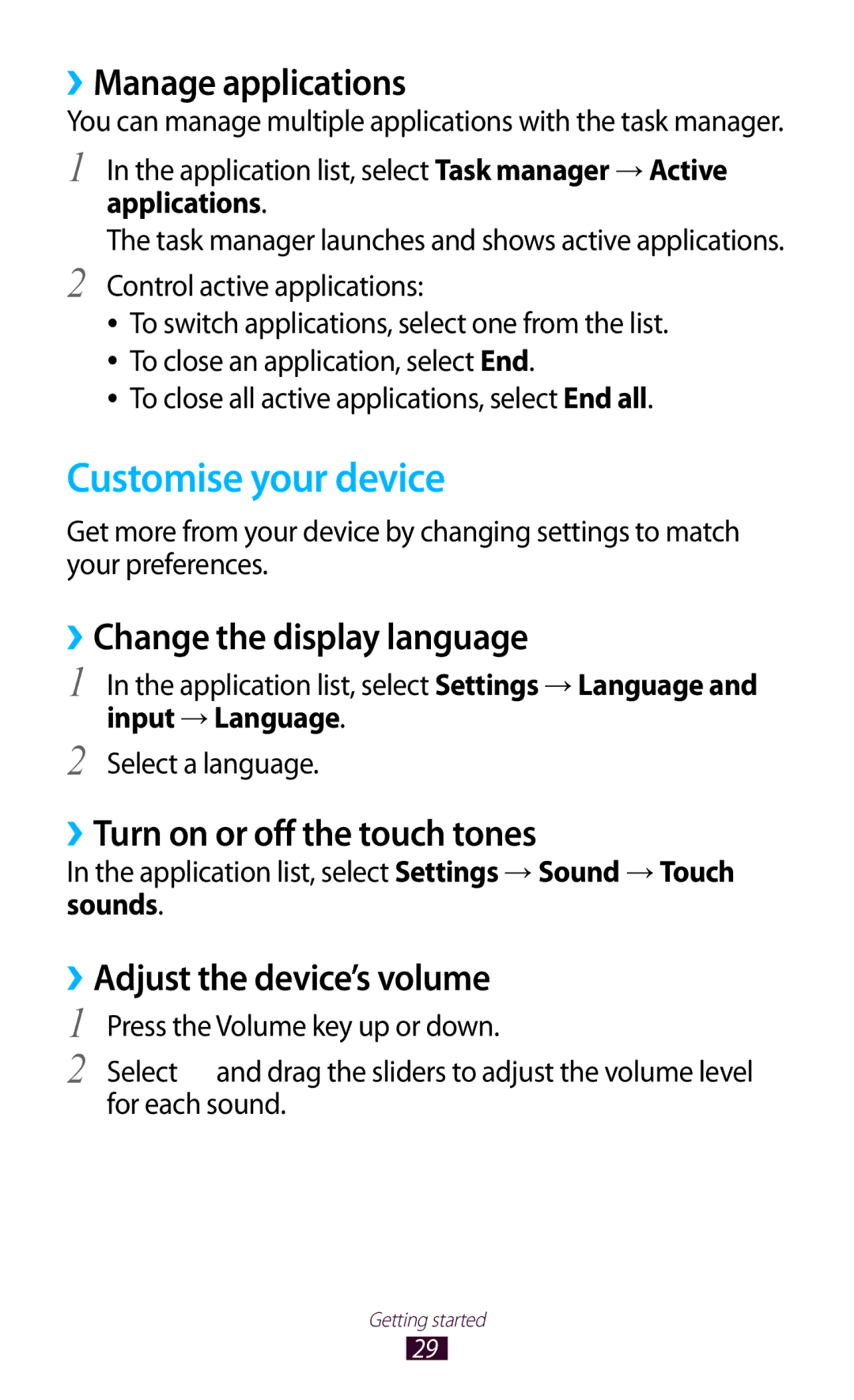 Samsung GT-P7510FKDMID, GT-P7510UWEDBT manual Customise your device, ››Manage applications, ››Change the display language 