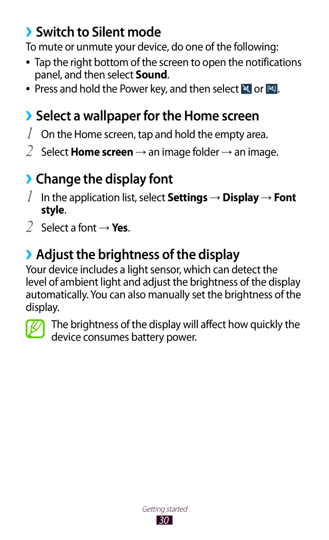 Samsung GT-P7510FKDJED ››Switch to Silent mode, ››Select a wallpaper for the Home screen, ››Change the display font, Style 