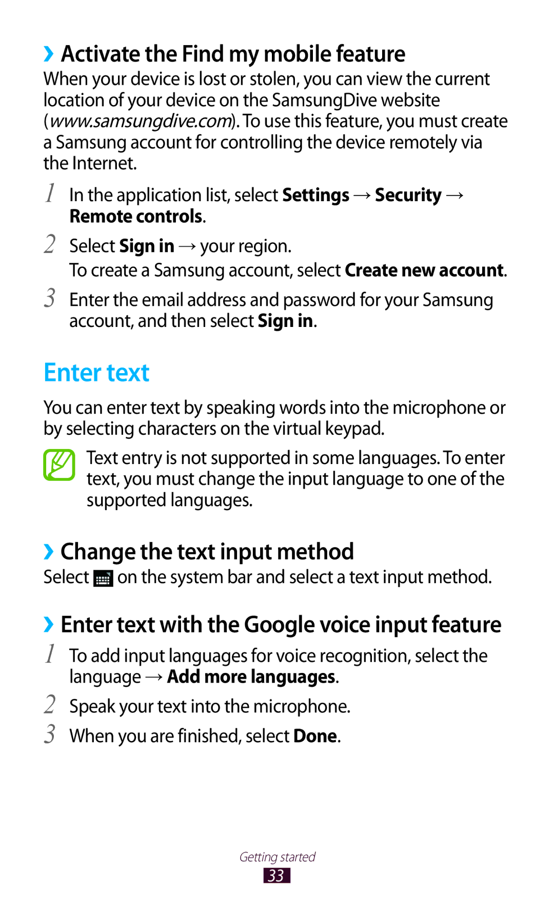 Samsung GT-P7510UWDHAJ, GT-P7510UWEDBT Enter text, ››Activate the Find my mobile feature, ››Change the text input method 