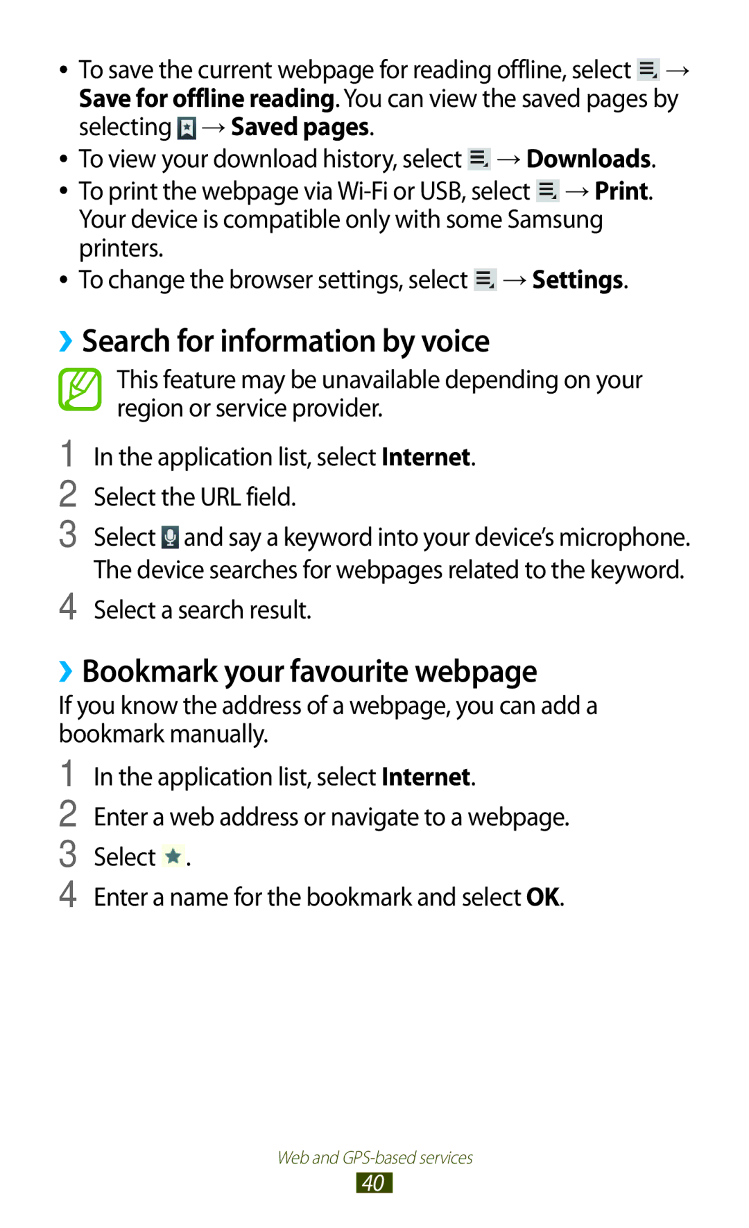 Samsung GT-P7510UWAHAJ manual ››Search for information by voice, ››Bookmark your favourite webpage, Select a search result 