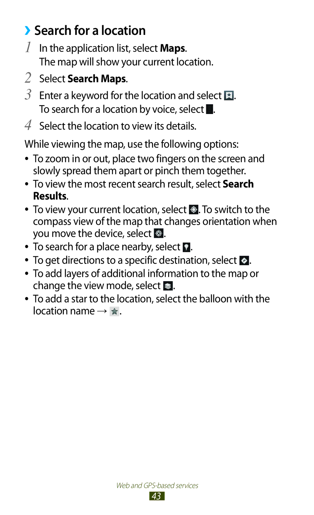 Samsung GT-P7510UWDKSA, GT-P7510UWEDBT, GT-P7510FKDDBT, GT-P7510FKEDBT manual Search for a location, Select Search Maps 