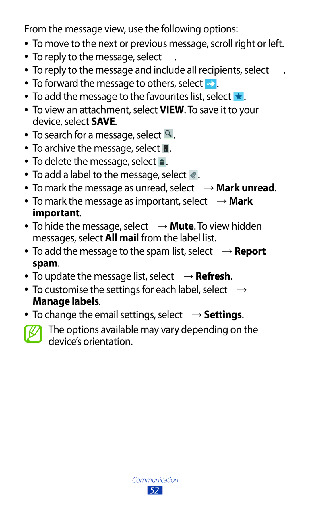 Samsung GT-P7510UWDILO To add a label to the message, select, To add the message to the spam list, select → Report, Spam 