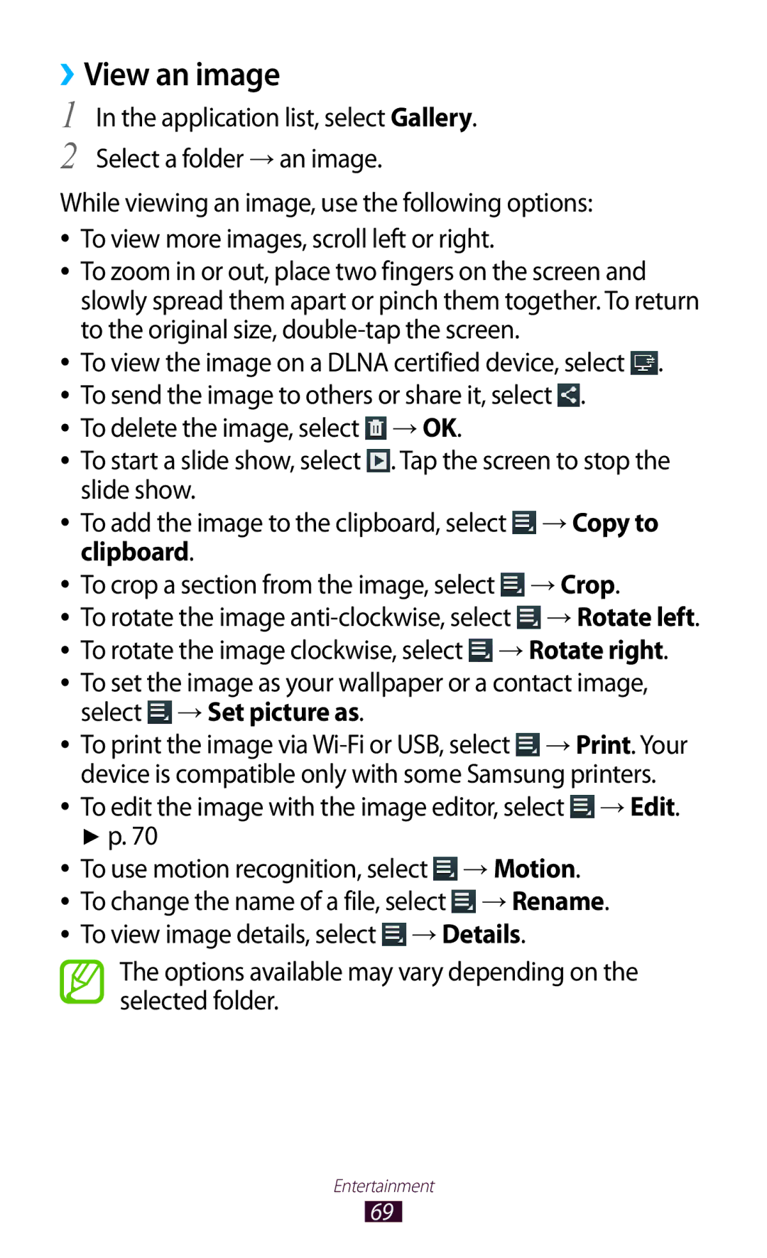 Samsung GT-P7510UWAXEF, GT-P7510UWEDBT manual ››View an image, Options available may vary depending on the selected folder 