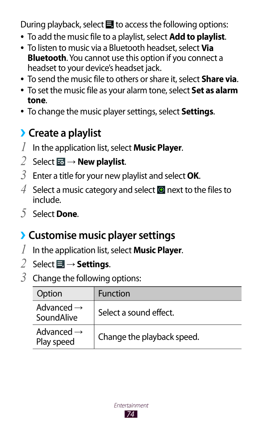 Samsung GT-P7510FKDSFR, GT-P7510UWEDBT Create a playlist, ››Customise music player settings, Tone, Select → New playlist 