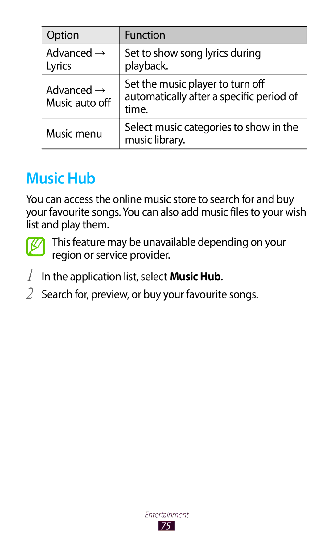 Samsung GT-P7510FKDITV, GT-P7510UWEDBT, GT-P7510FKDDBT manual Music Hub, Music auto off, Time, Music menu, Music library 