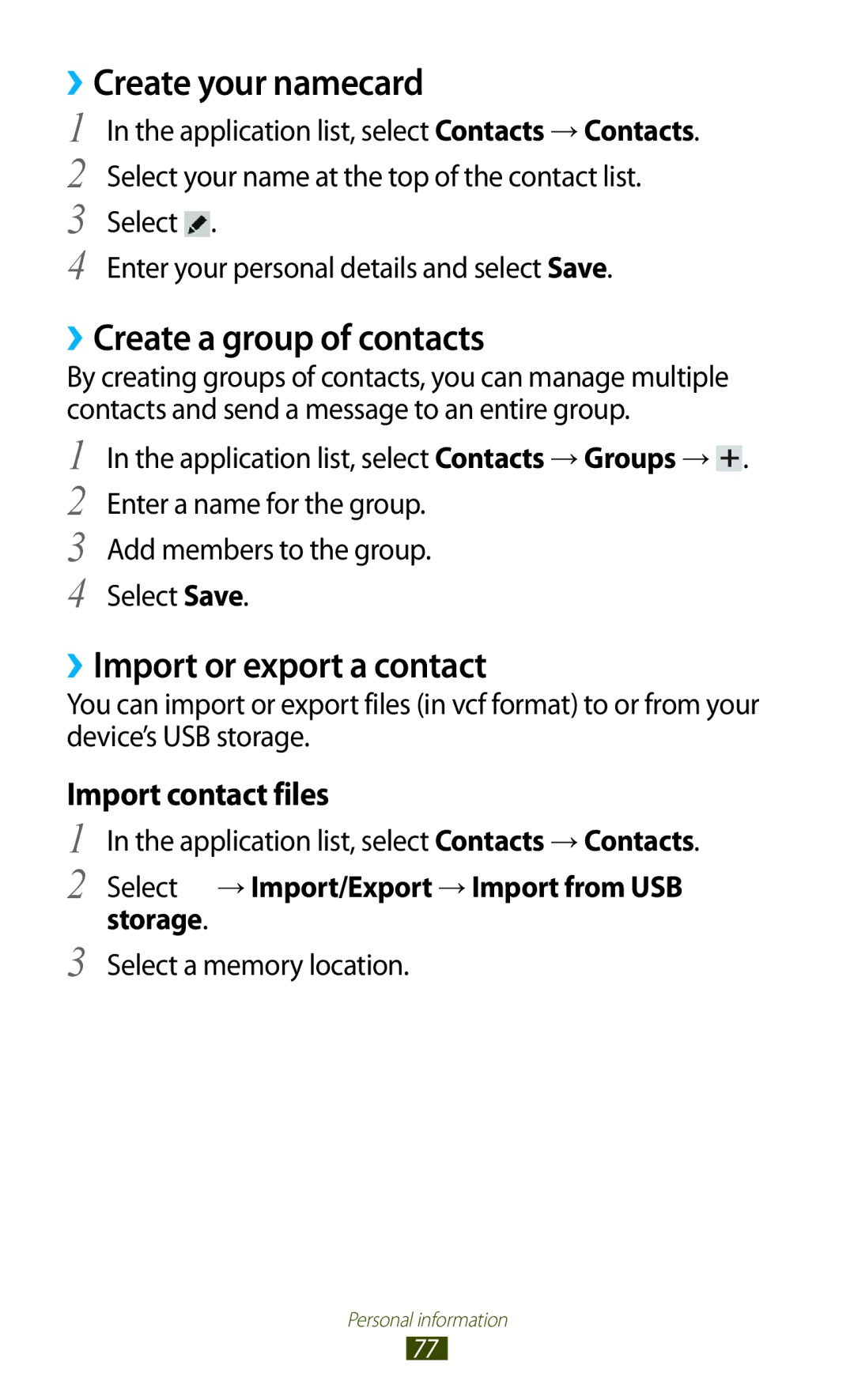 Samsung GT-P7510ZWDFOP manual ››Create your namecard, ››Create a group of contacts, ››Import or export a contact, Storage 