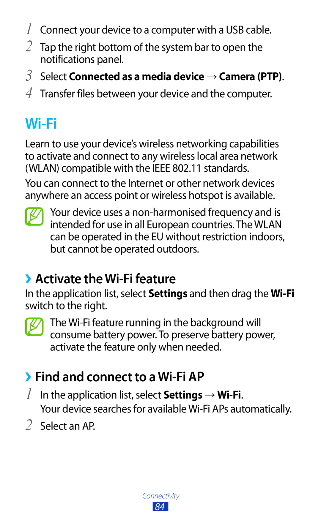 Samsung GT-P7510UWAJED, GT-P7510UWEDBT, GT-P7510FKDDBT ››Activate the Wi-Fi feature, ››Find and connect to a Wi-Fi AP 