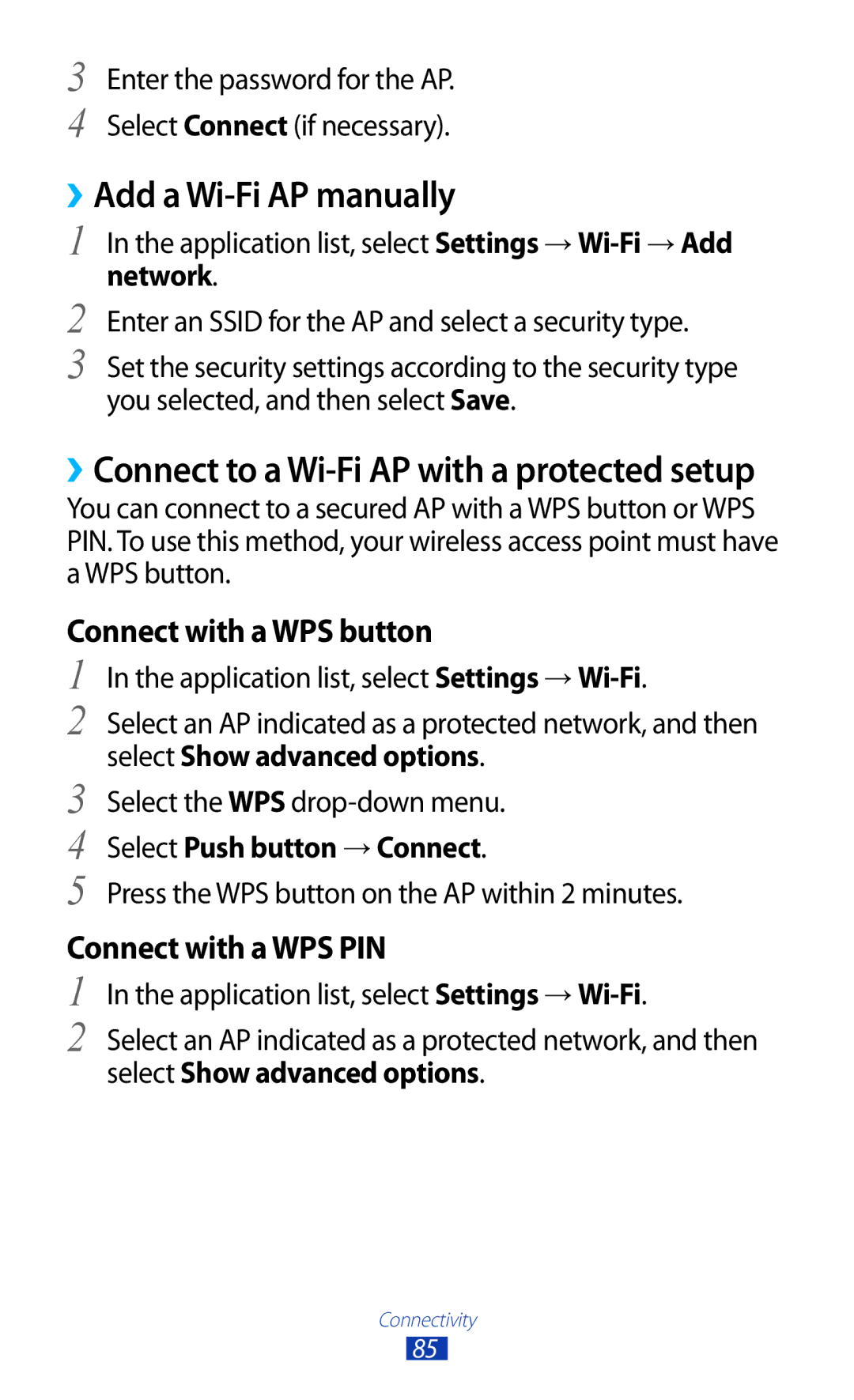 Samsung GT-P7510FKEKSA, GT-P7510UWEDBT, GT-P7510FKDDBT ››Add a Wi-Fi AP manually, Select Push button → Connect 