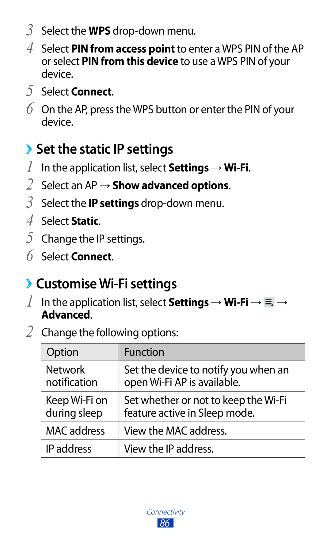 Samsung GT-P7510FKEJED, GT-P7510UWEDBT, GT-P7510FKDDBT manual ››Set the static IP settings, ››Customise Wi-Fi settings 