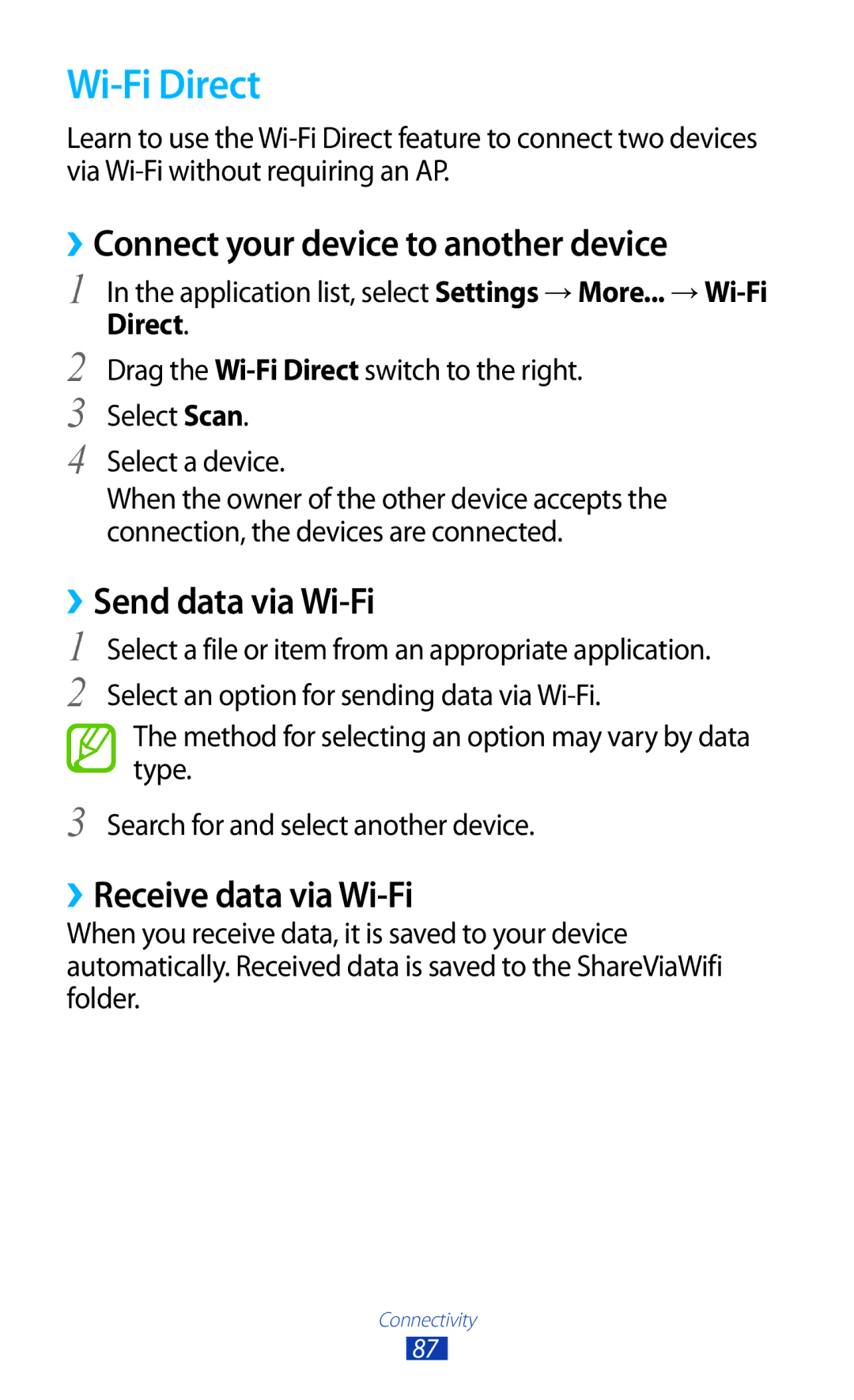 Samsung GT-P7510FKDXSG, GT-P7510UWEDBT manual Wi-Fi Direct, ››Connect your device to another device, ››Send data via Wi-Fi 