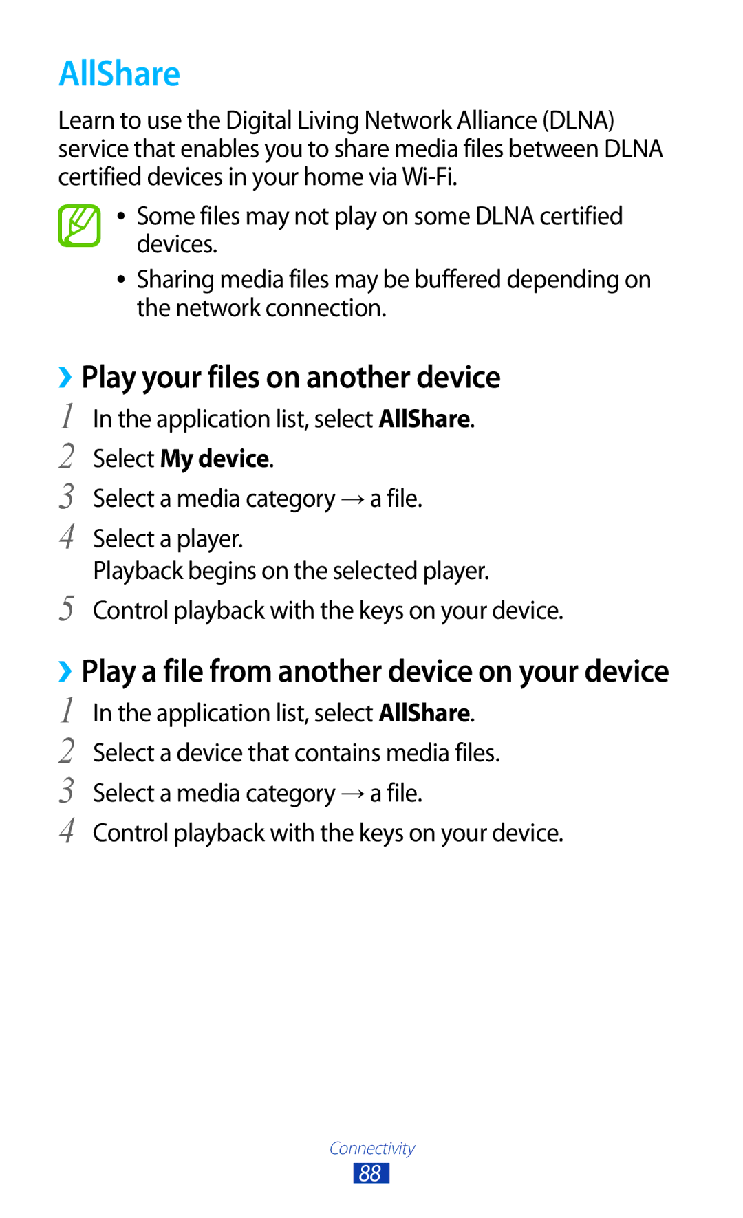 Samsung GT-P7510FKDMID manual AllShare, ››Play your files on another device, Control playback with the keys on your device 