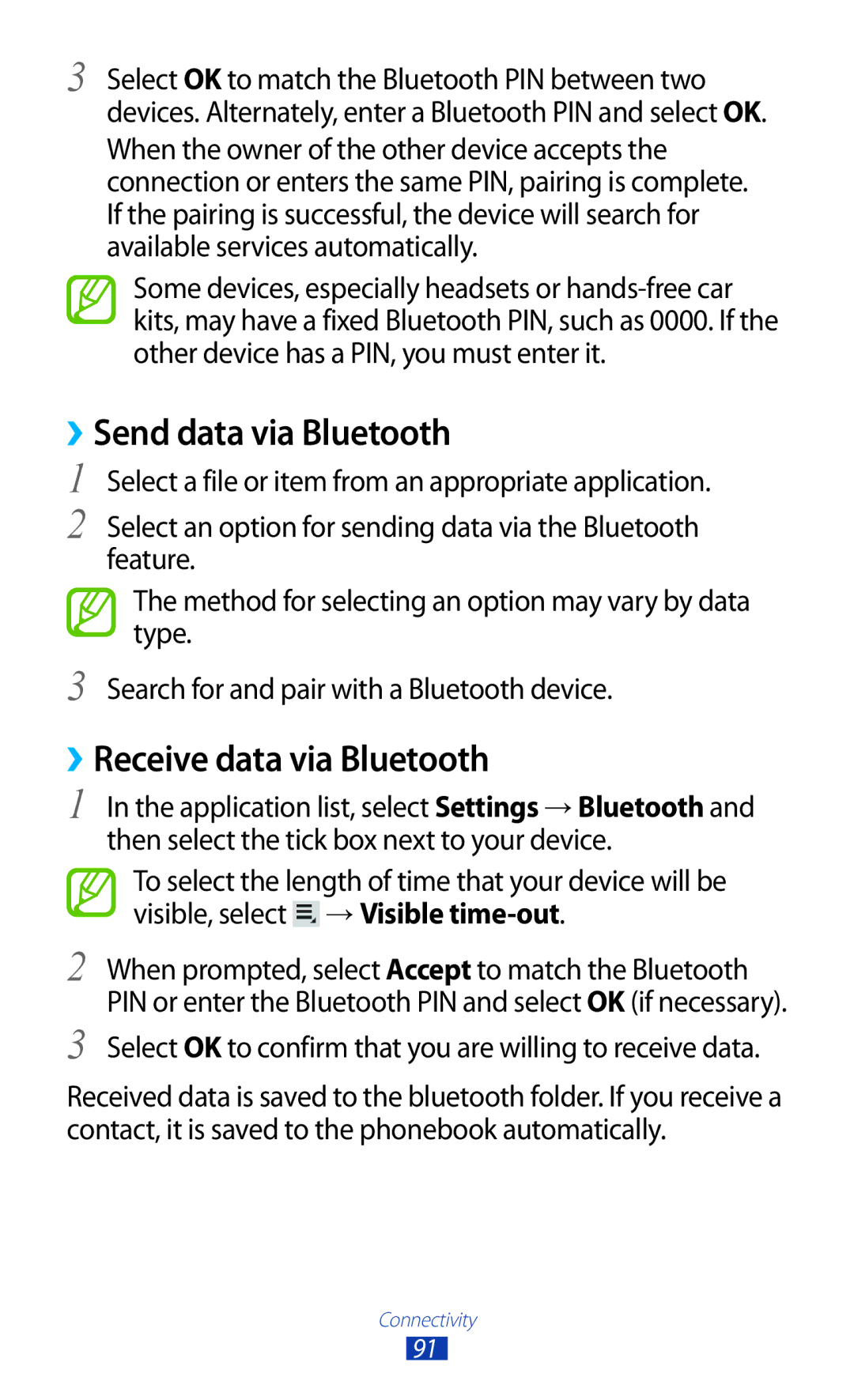 Samsung GT-P7510ZWDKSA, GT-P7510UWEDBT, GT-P7510FKDDBT manual ››Send data via Bluetooth, ››Receive data via Bluetooth 