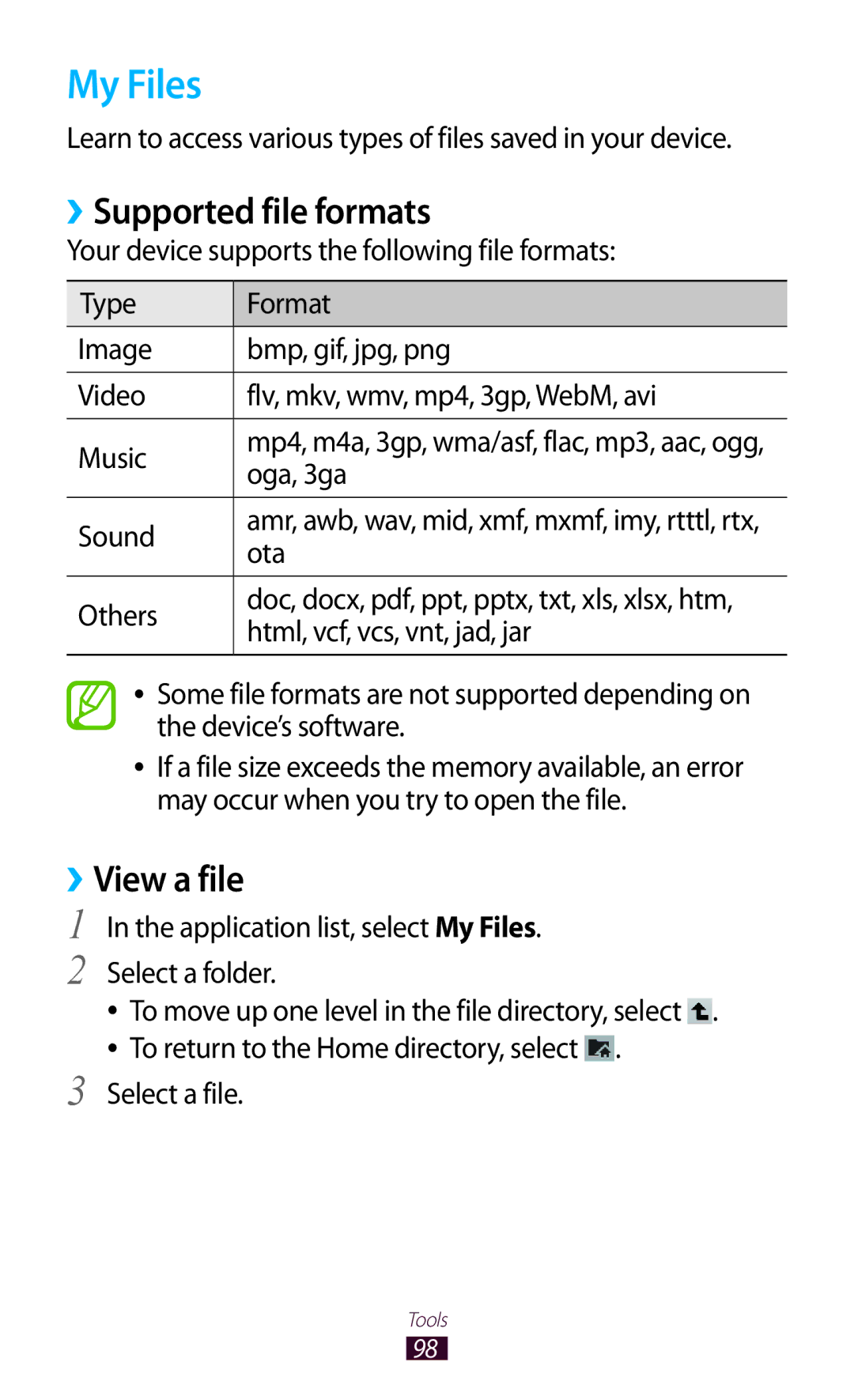 Samsung GT-P7510UWDJED, GT-P7510UWEDBT, GT-P7510FKDDBT, GT-P7510FKEDBT My Files, ››Supported file formats, ››View a file 