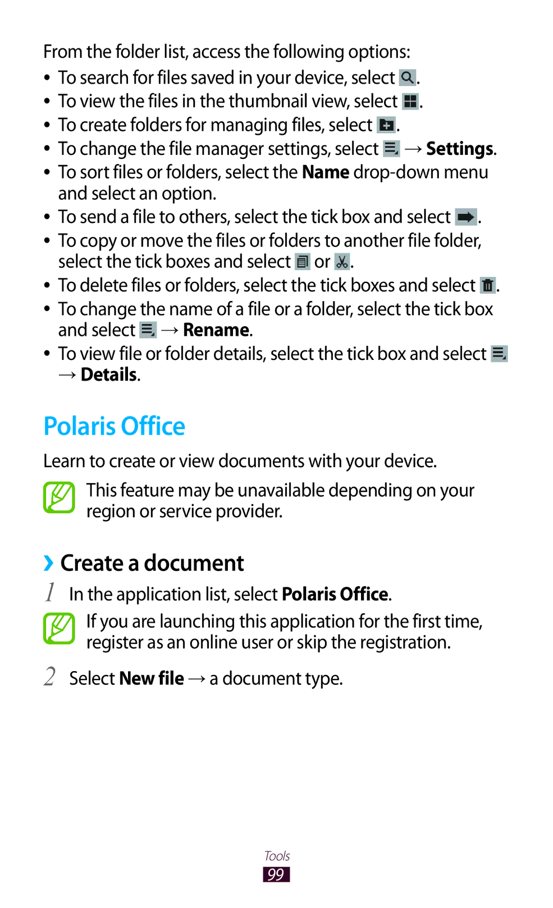 Samsung GT-P7510UWAHAJ, GT-P7510UWEDBT, GT-P7510FKDDBT, GT-P7510FKEDBT, GT-P7510FKDATO Polaris Office, ››Create a document 