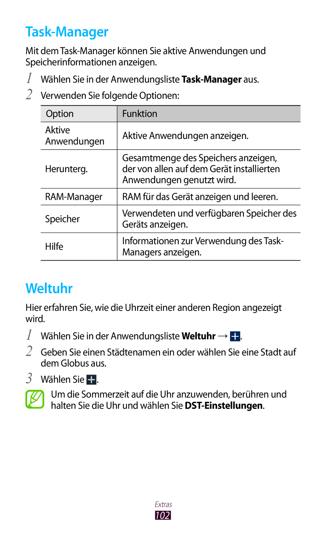 Samsung GT-P7510UWADBT, GT-P7510UWEDBT, GT-P7510FKDDBT, GT-P7510FKEDBT, GT-P7510FKDATO manual Task-Manager, Weltuhr, 102 