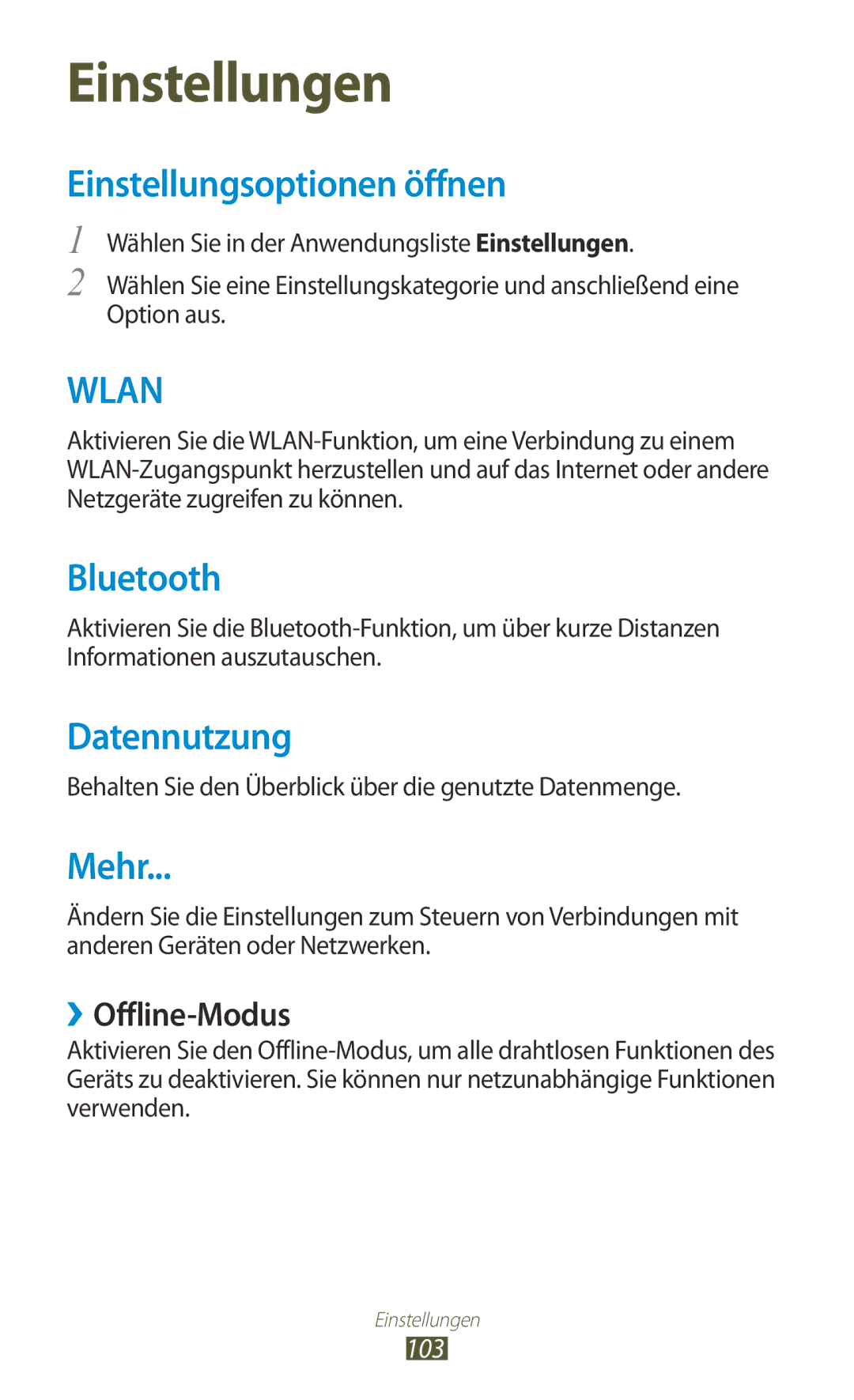 Samsung GT-P7510ZWDATO, GT-P7510UWEDBT manual Einstellungsoptionen öffnen, Datennutzung, Mehr, ››Offline-Modus, 103 