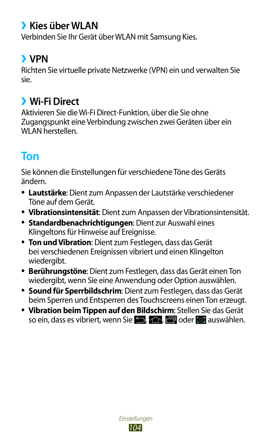 Samsung GT-P7510UWEDBT Ton, ››Kies über Wlan, ››Wi-Fi Direct, 104, Verbinden Sie Ihr Gerät über Wlan mit Samsung Kies 