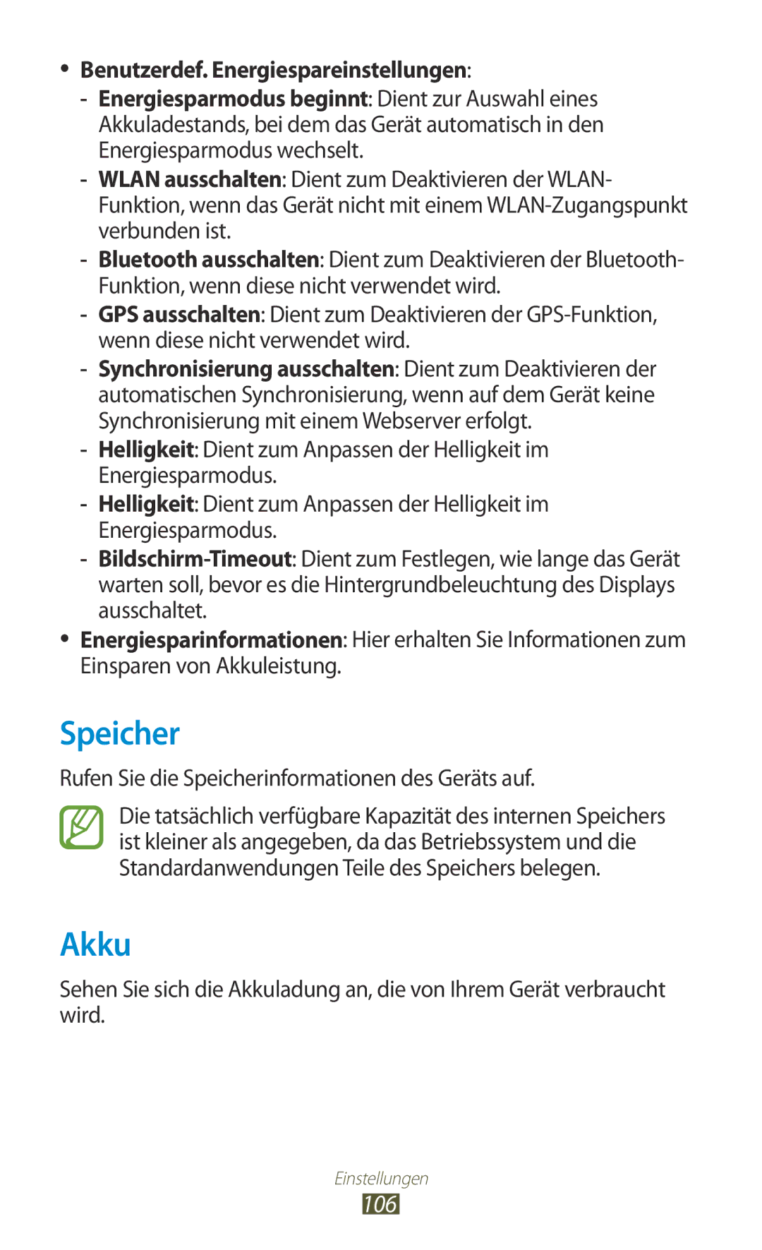 Samsung GT-P7510FKEDBT, GT-P7510UWEDBT, GT-P7510FKDDBT manual Speicher, Akku, 106, Benutzerdef. Energiespareinstellungen 